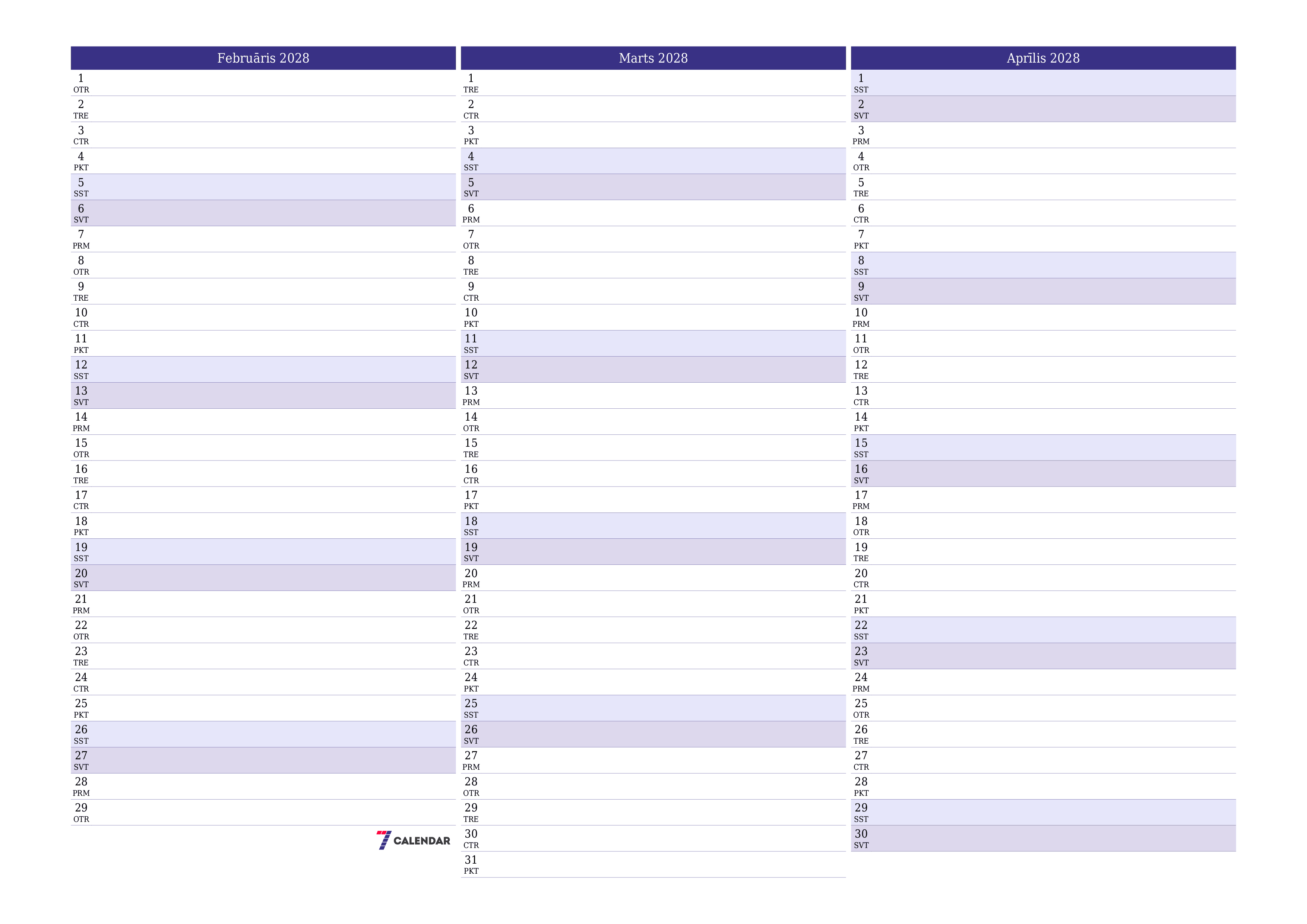 Iztukšot mēneša plānotāju mēnesim Februāris 2028 ar piezīmēm, saglabāt un izdrukāt PDF formātā PNG Latvian