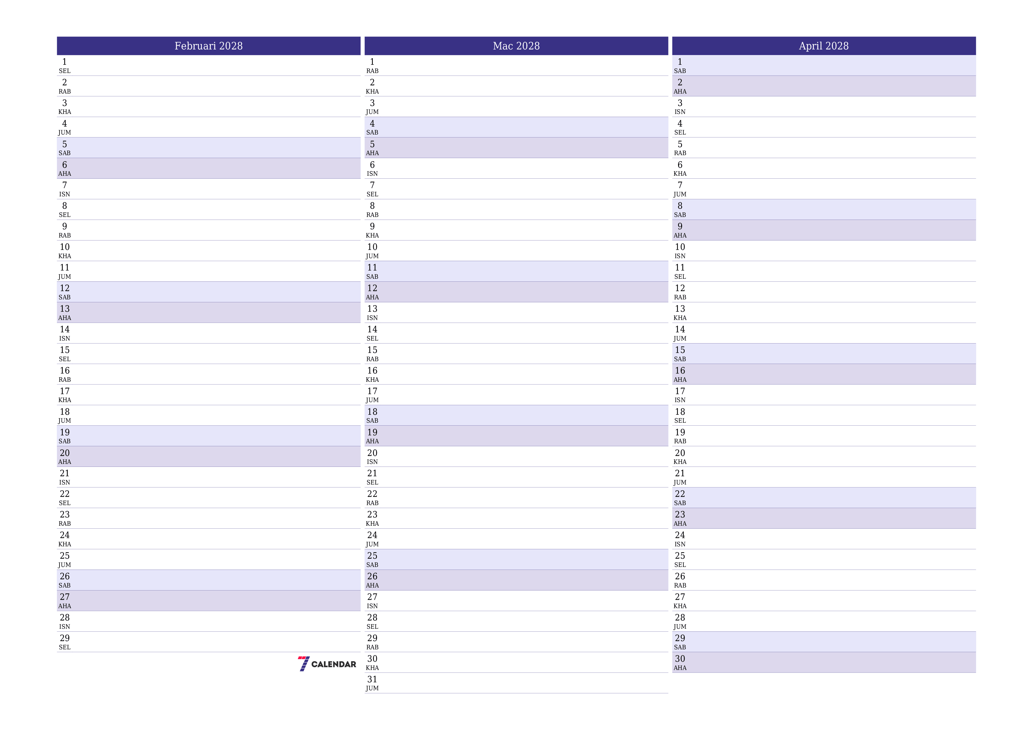 Perancang bulanan kosong untuk bulan Februari 2028 dengan nota, simpan dan cetak ke PDF PNG Malay