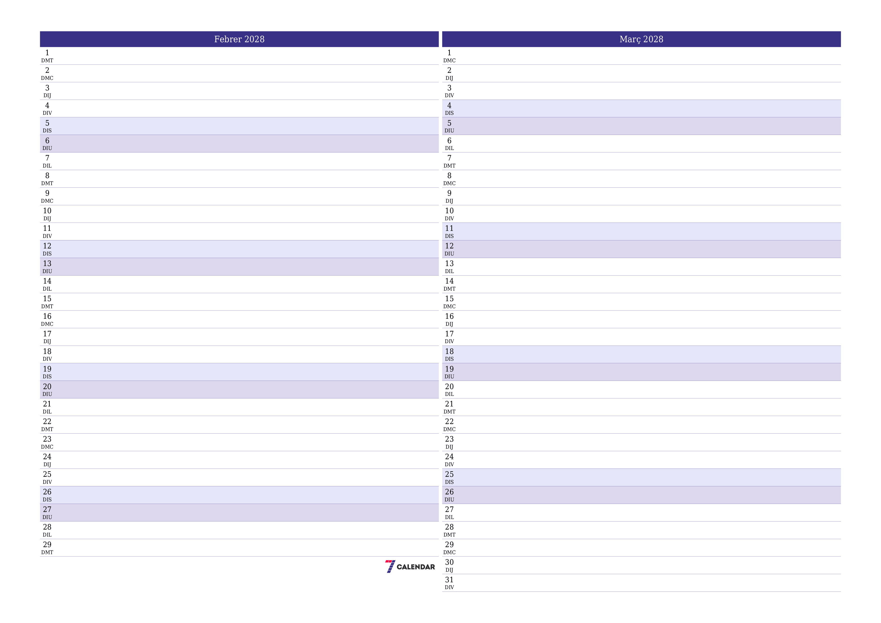 Planificador mensual buit del mes Febrer 2028 amb notes, deseu-lo i imprimiu-lo en format PDF PNG Catalan