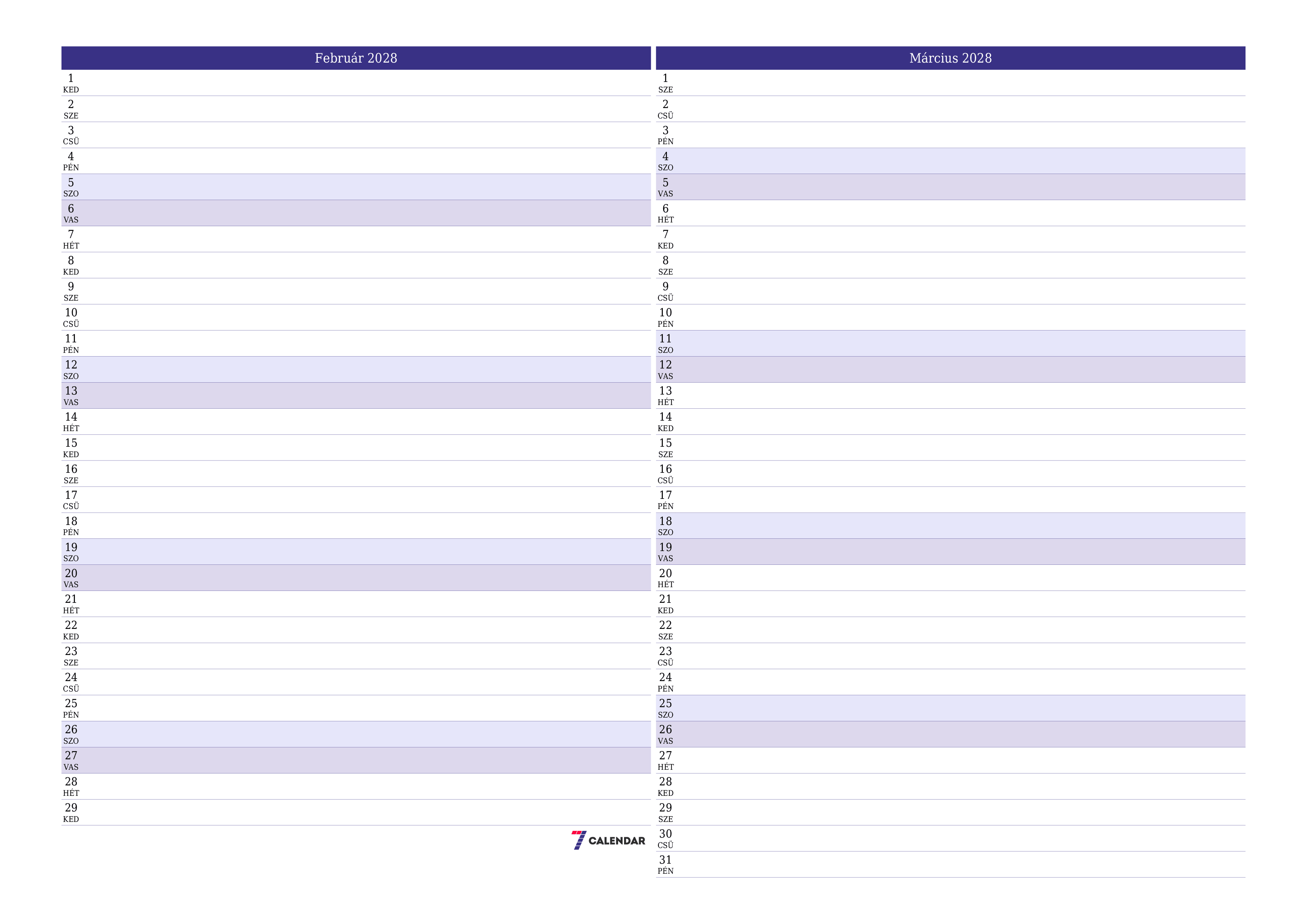 Üres havi tervező a Február 2028 hónapra jegyzetekkel, mentés és nyomtatás PDF-be PNG Hungarian