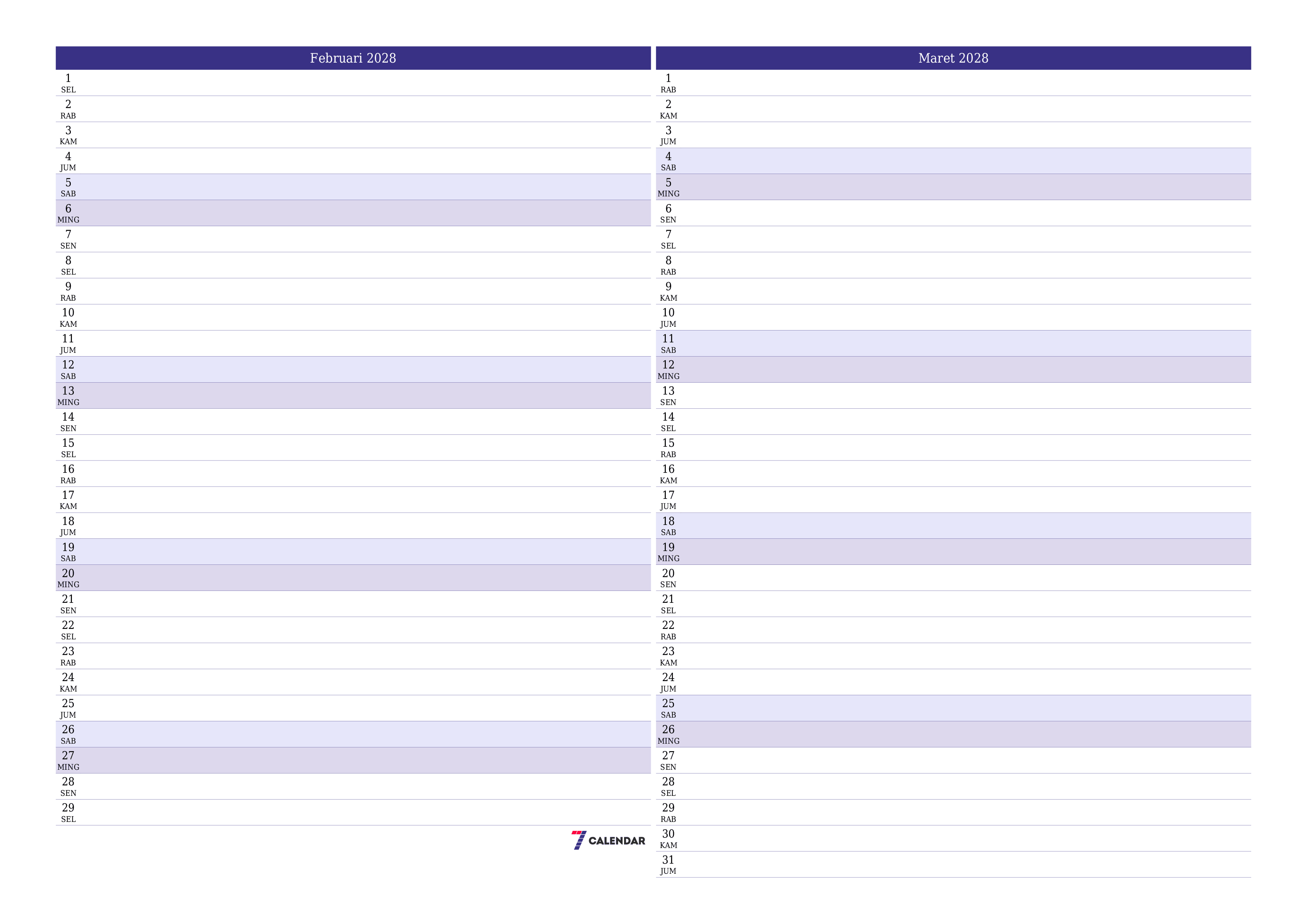 Kosongkan agenda bulanan untuk bulan Februari 2028 dengan catatan, simpan dan cetak ke PDF PNG Indonesian