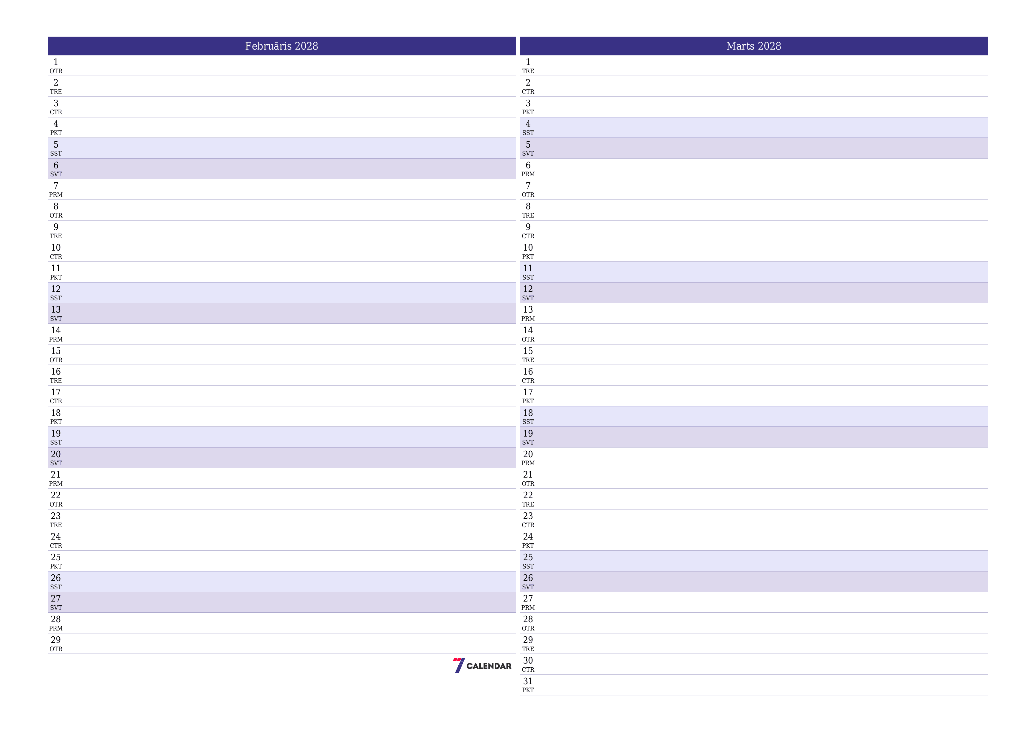 Iztukšot mēneša plānotāju mēnesim Februāris 2028 ar piezīmēm, saglabāt un izdrukāt PDF formātā PNG Latvian