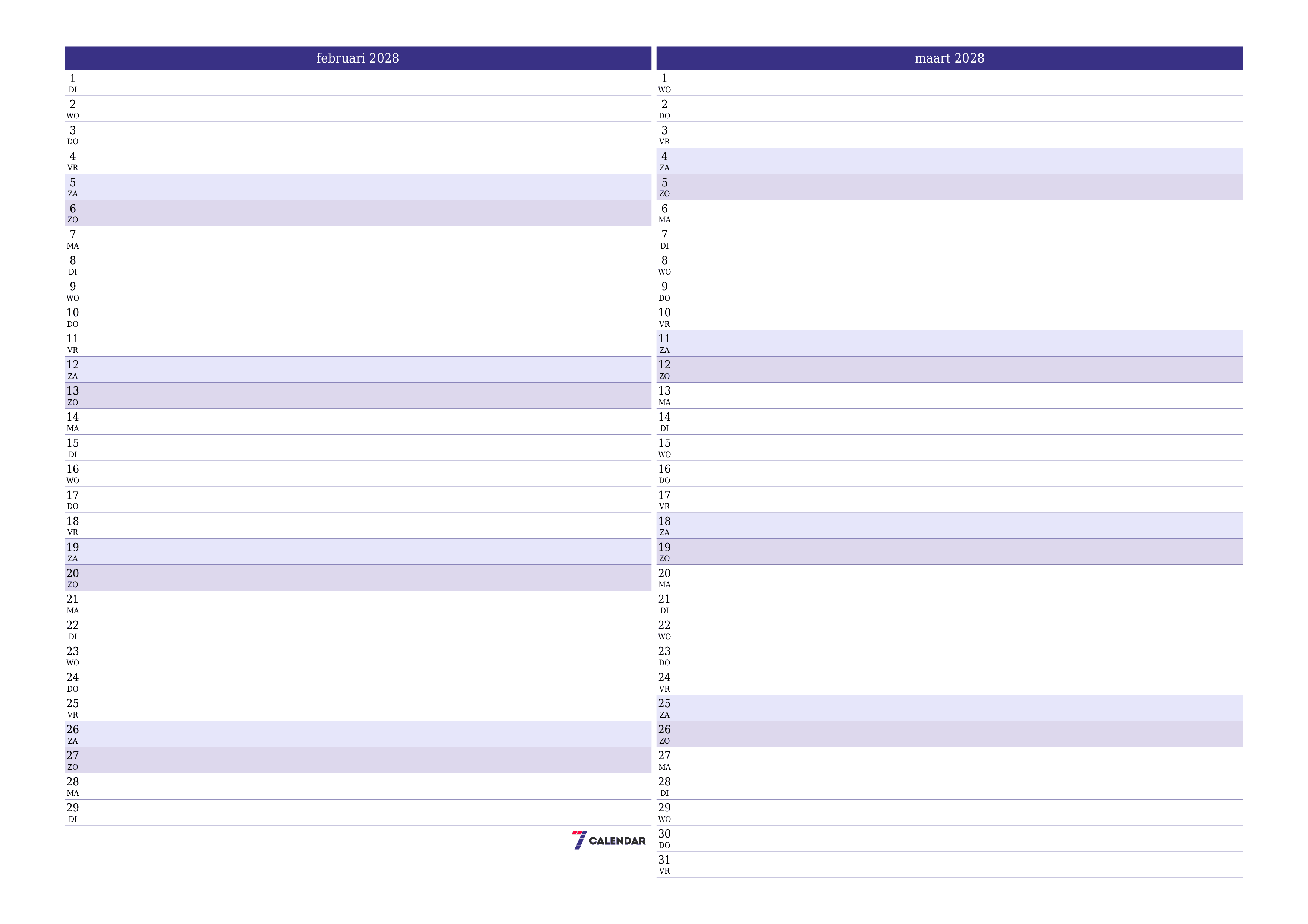 Lege maandplanner voor maand februari 2028 met notities, opslaan en afdrukken naar pdf PNG Dutch
