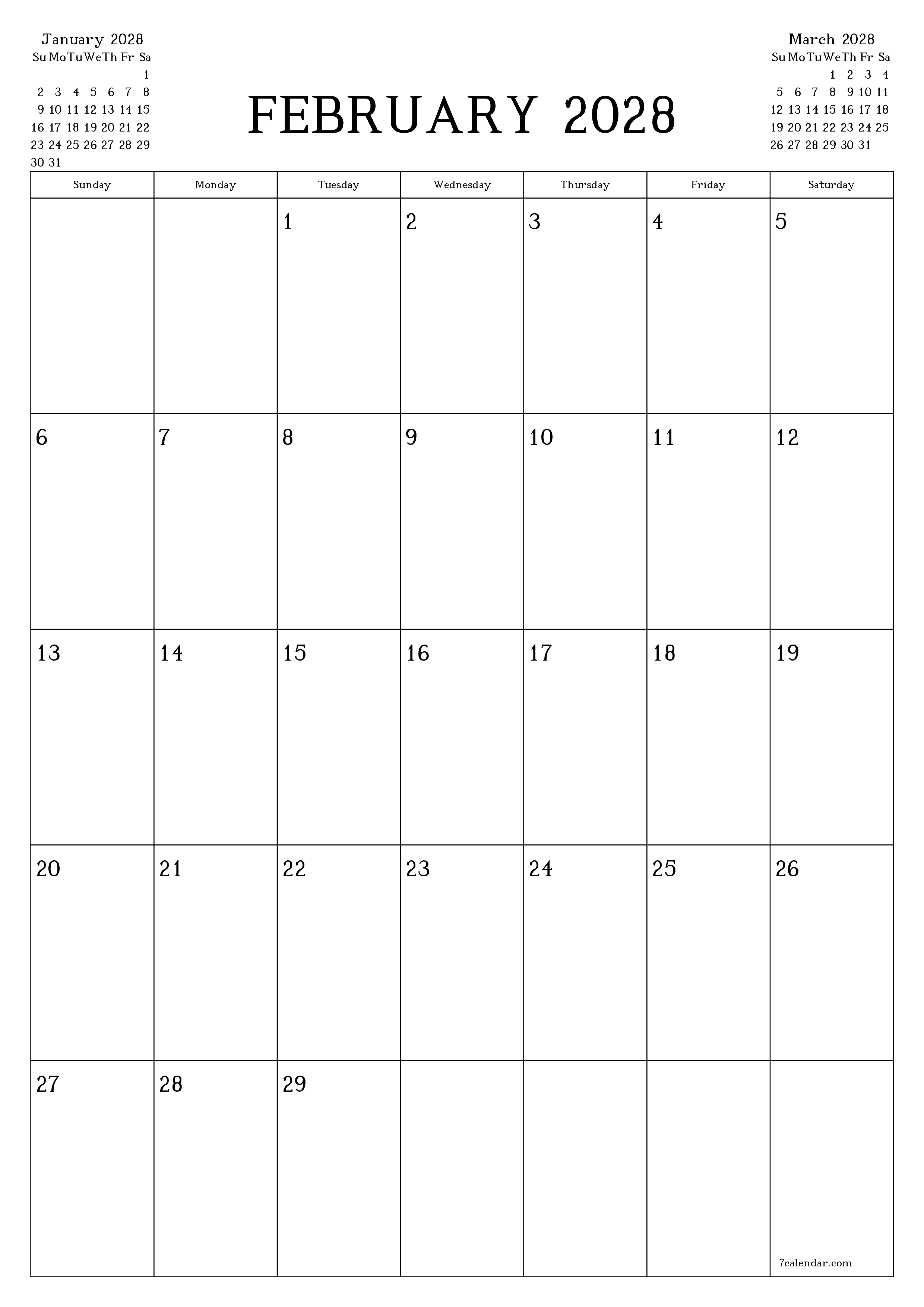 Blank calendar February 2028