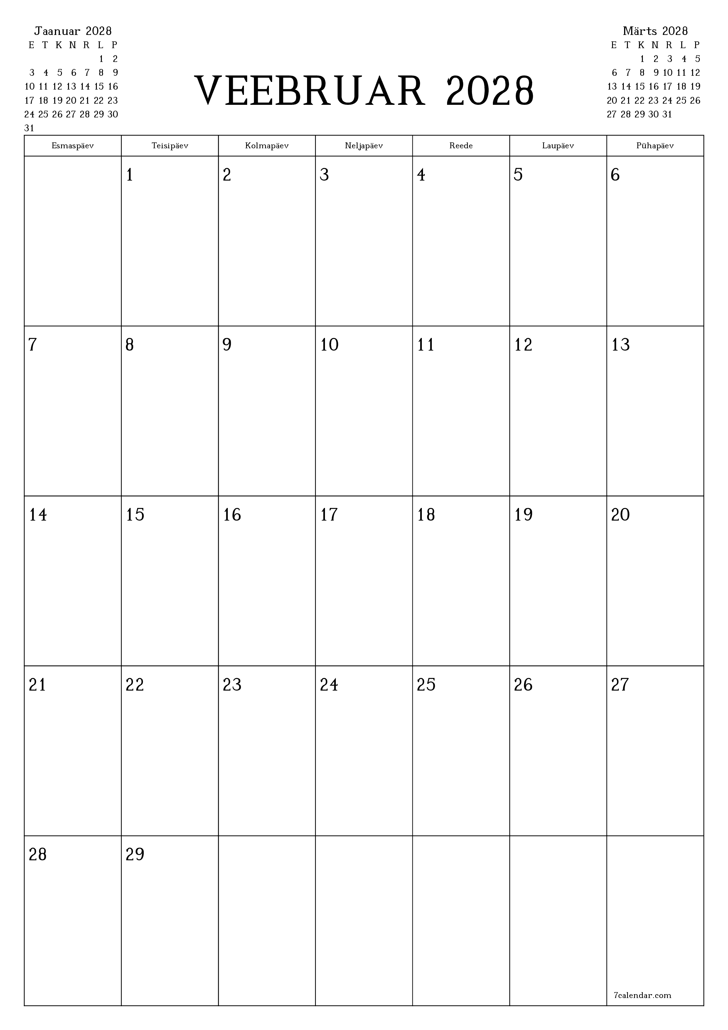 prinditav seina kalendri mall tasuta vertikaalne Igakuine planeerija kalender Veebruar (Veebr) 2028