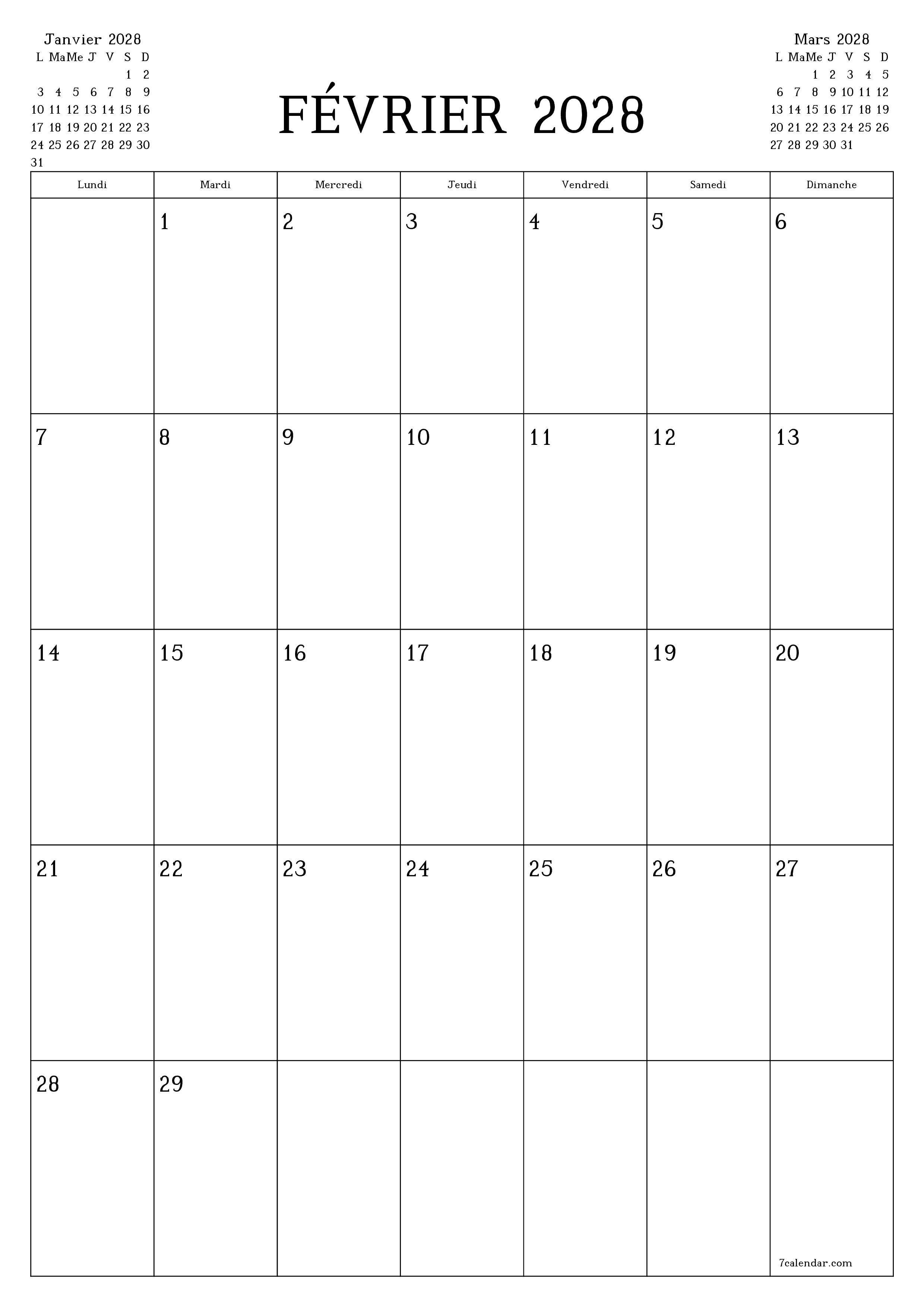 Agenda mensuel vide pour le mois Février 2028 avec notes, enregistrez et imprimez au format PDF PNG French