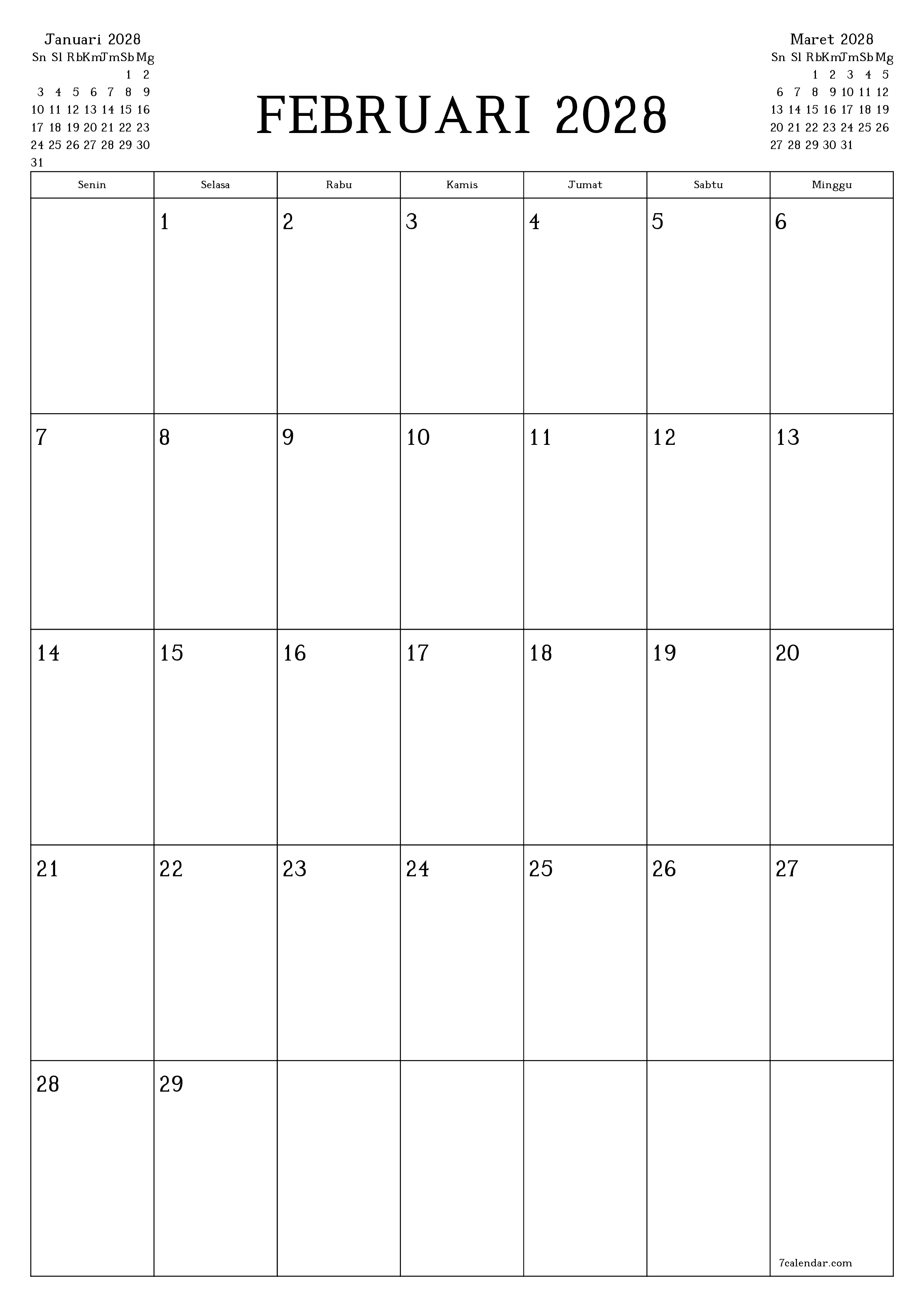 Kosongkan agenda bulanan untuk bulan Februari 2028 dengan catatan, simpan dan cetak ke PDF PNG Indonesian
