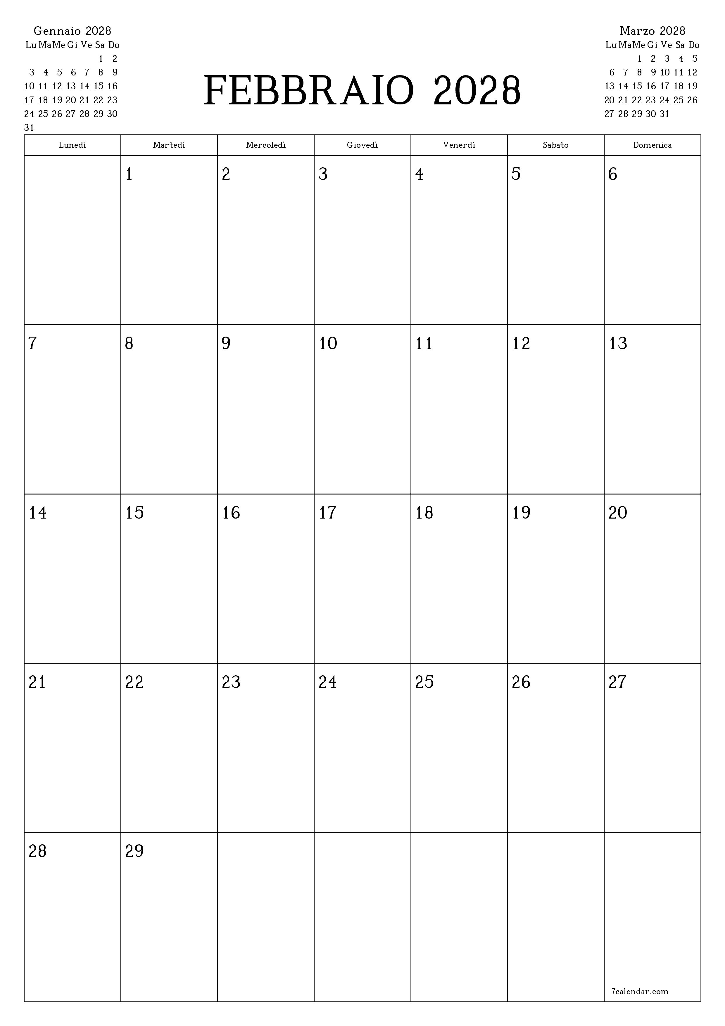 Pianificatore mensile vuoto per il mese Febbraio 2028 con note, salva e stampa in PDF PNG Italian