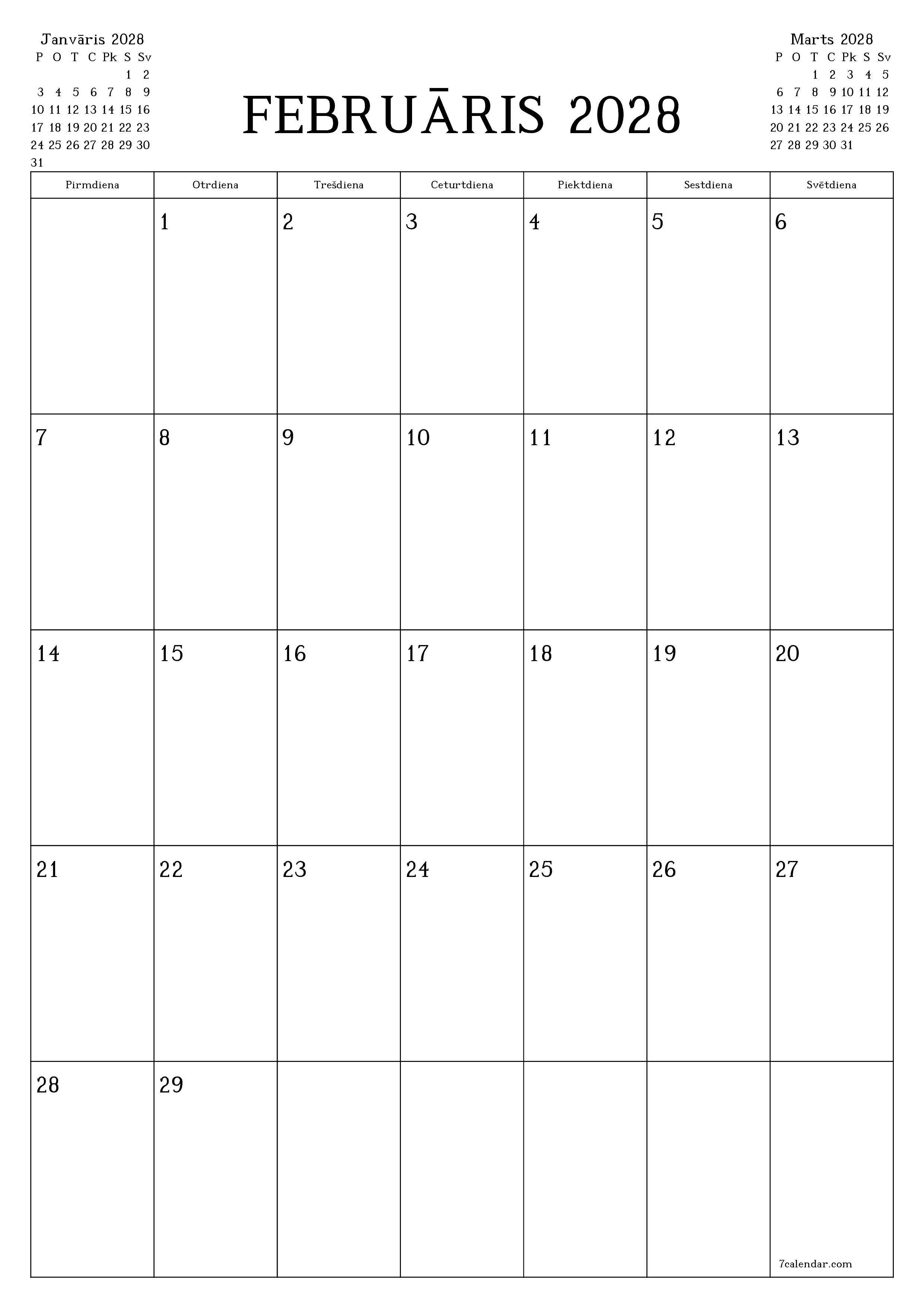 izdrukājams sienas kalendāra veidne bezmaksas vertikāli Mēneša plānotājs kalendārs Februāris (Feb) 2028
