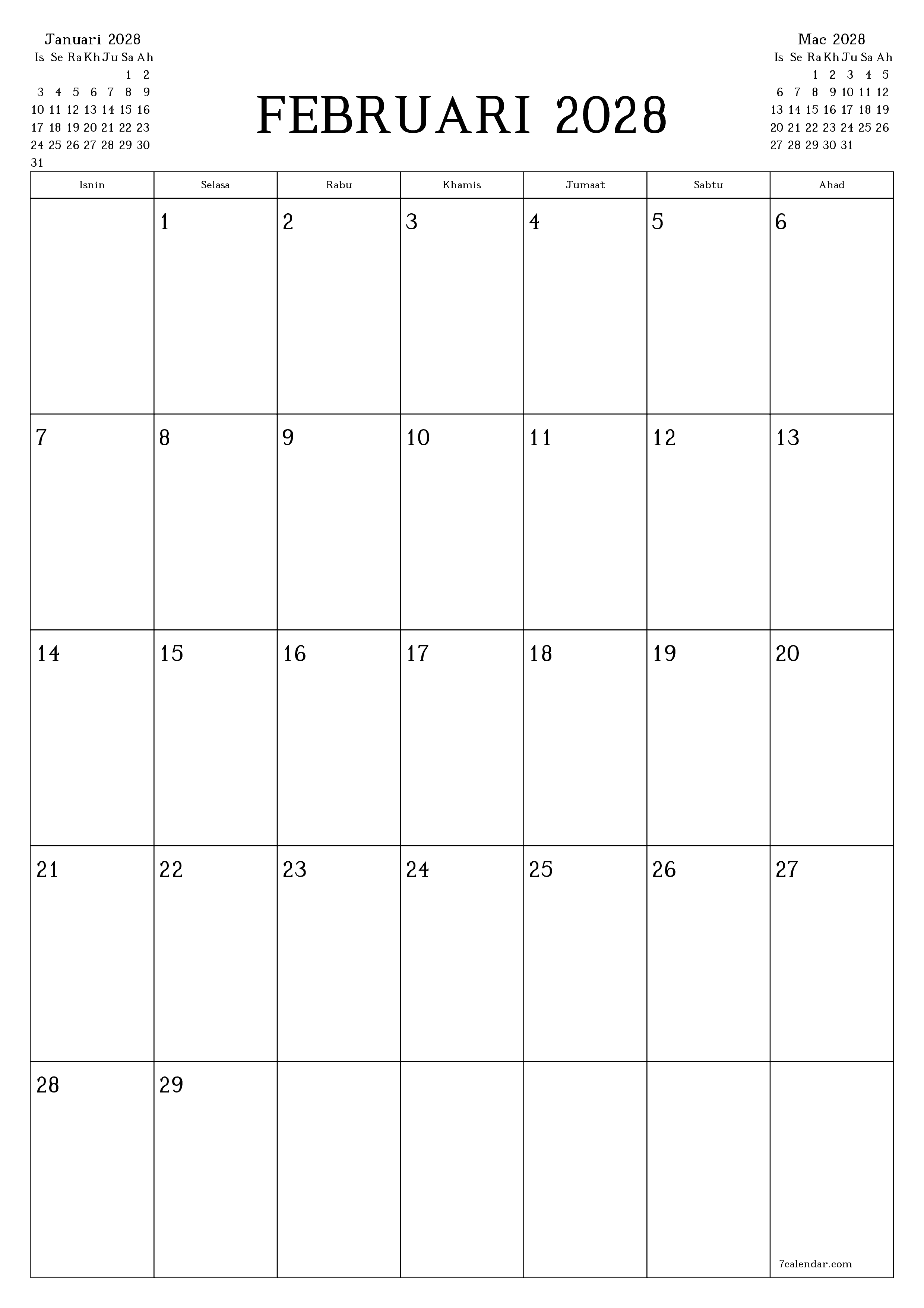 Perancang bulanan kosong untuk bulan Februari 2028 dengan nota, simpan dan cetak ke PDF PNG Malay