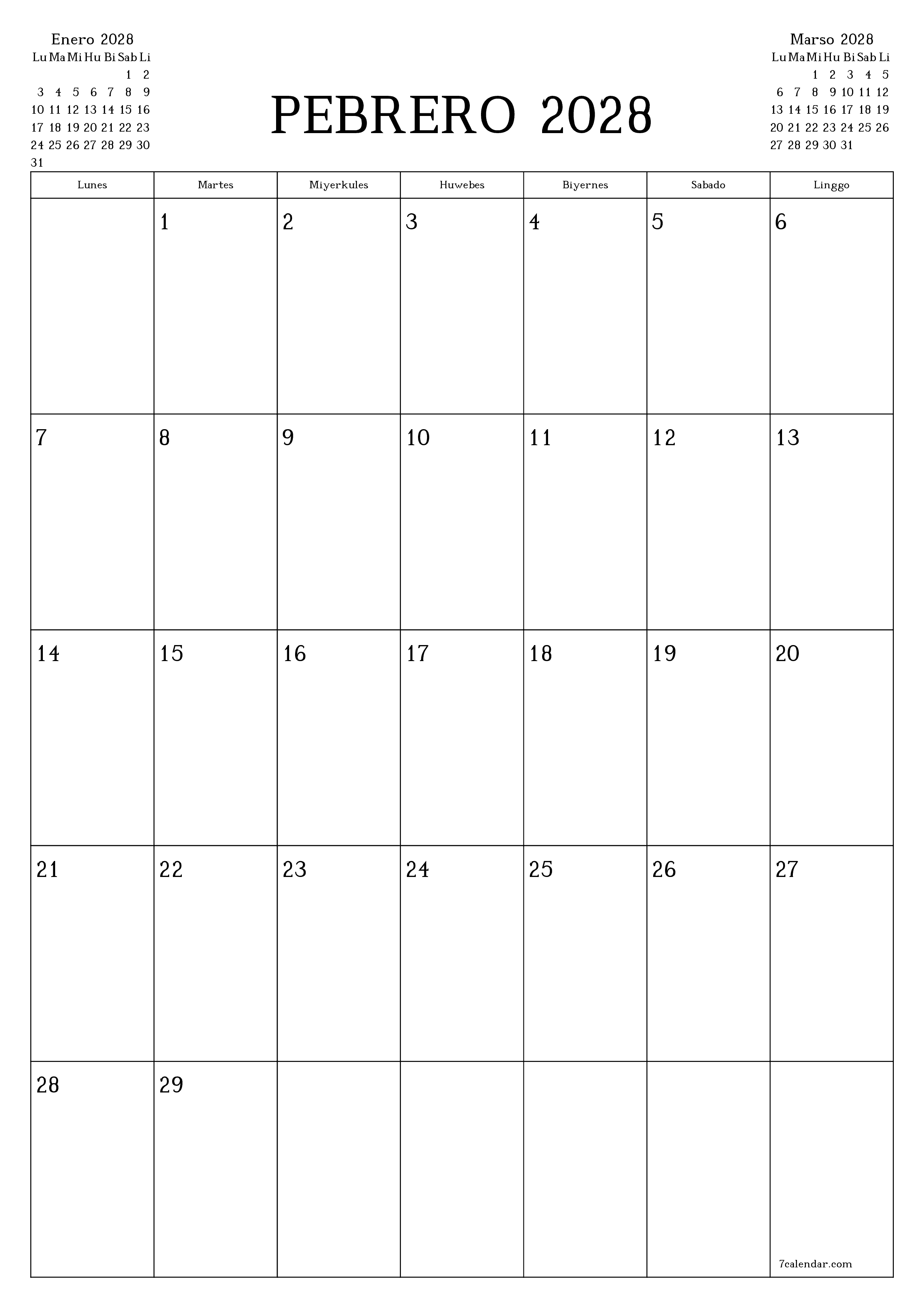Walang laman na buwanang tagaplano para sa buwan na Pebrero 2028 na may mga tala, i-save at i-print sa PDF PNG Filipino
