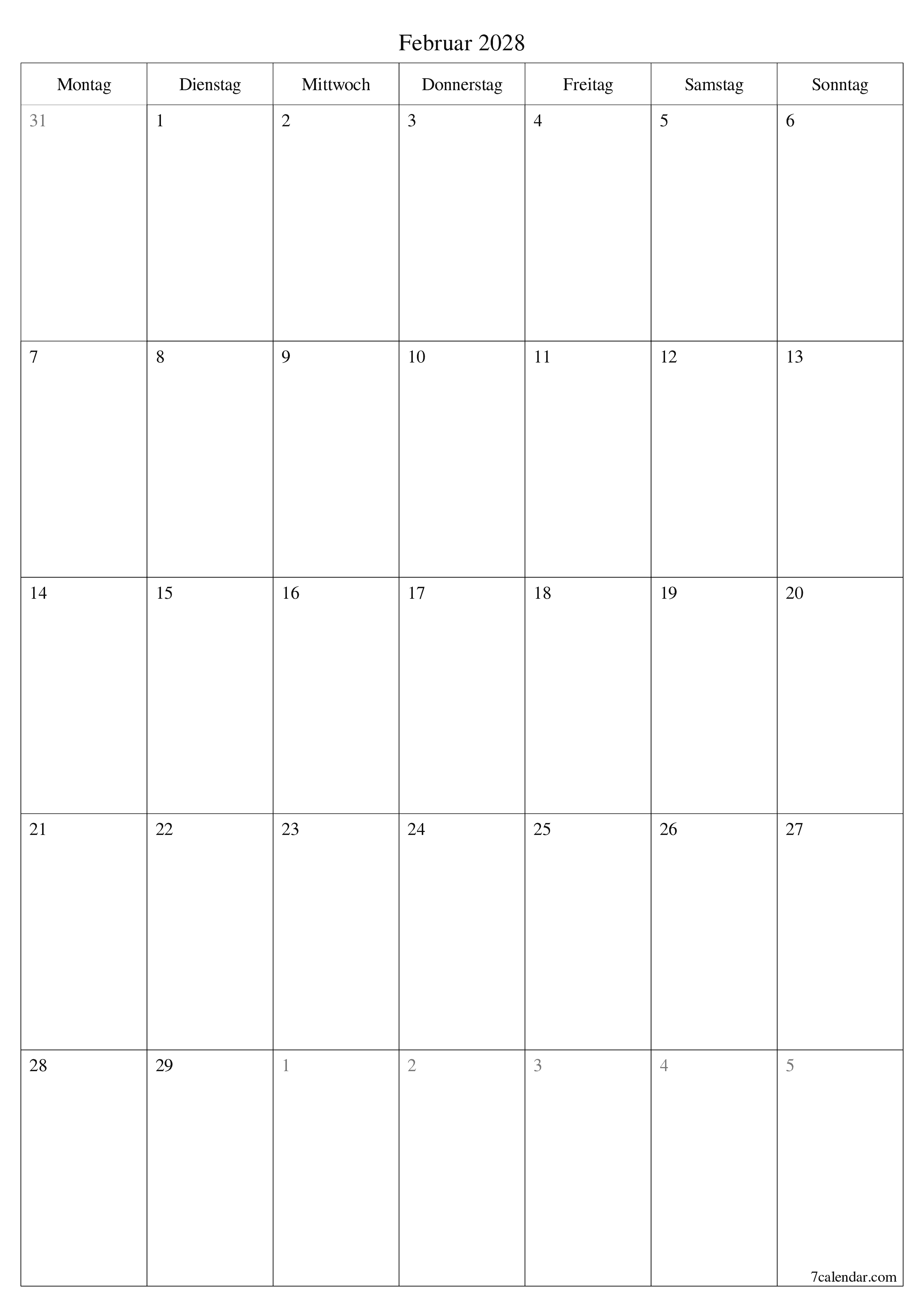 Monatsplaner für Monat Februar 2028 mit Notizen leeren, speichern und als PDF PNG German - 7calendar.com drucken