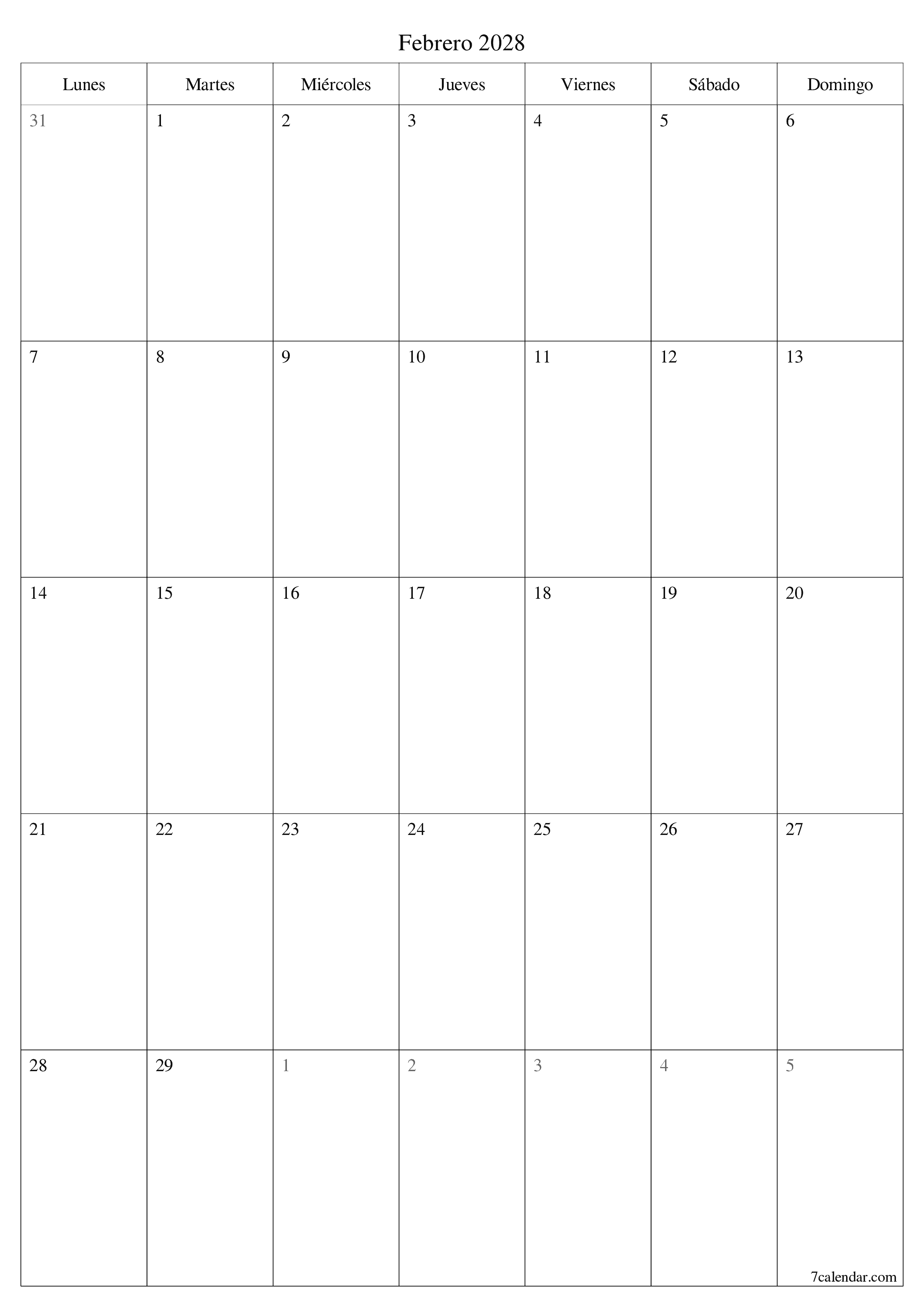 Planificador mensual vacío para el mes Febrero 2028 con notas, guardar e imprimir en PDF PNG Spanish
