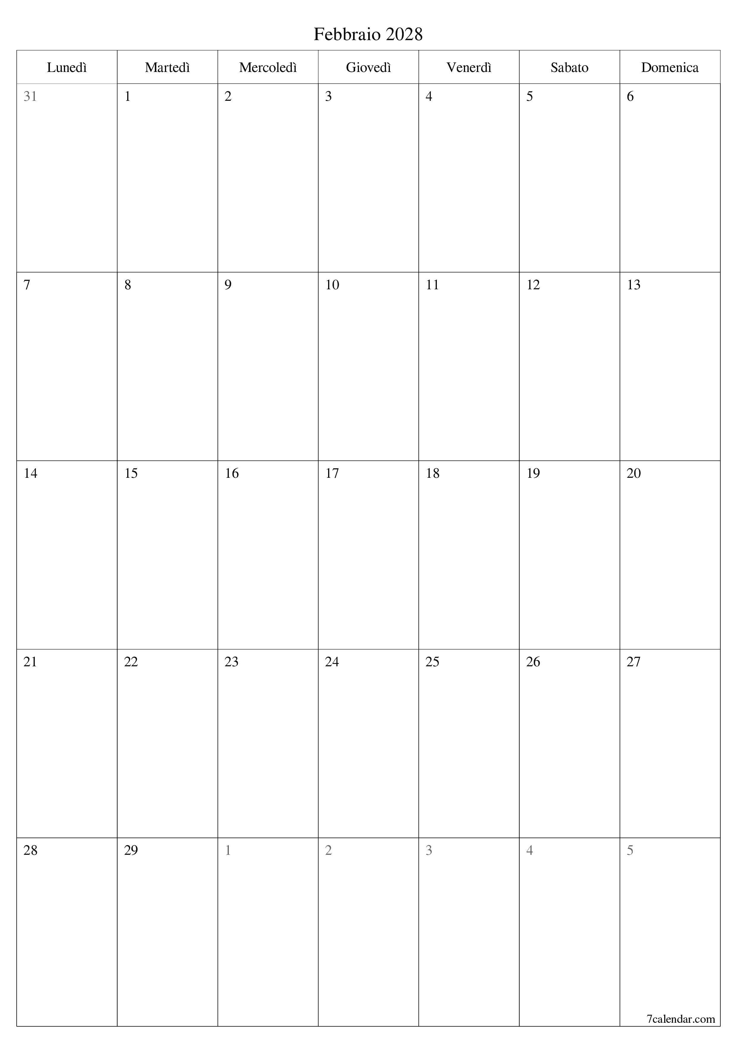 Pianificatore mensile vuoto per il mese Febbraio 2028 con note, salva e stampa in PDF PNG Italian