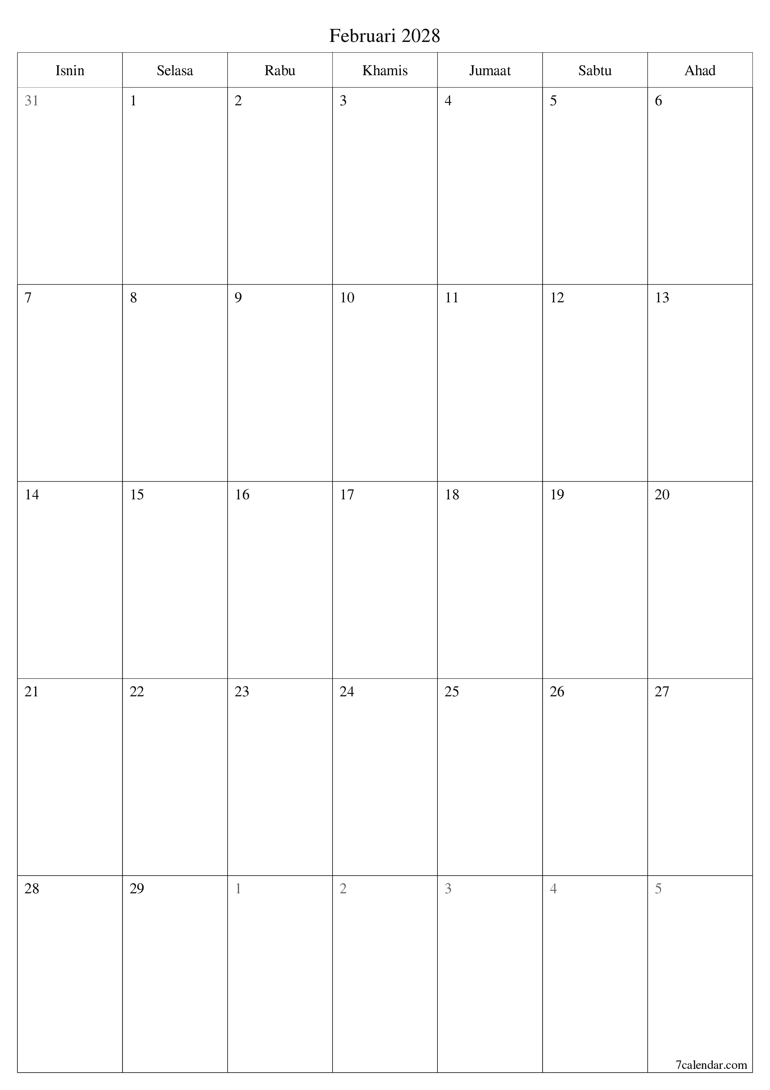 Perancang bulanan kosong untuk bulan Februari 2028 dengan nota, simpan dan cetak ke PDF PNG Malay