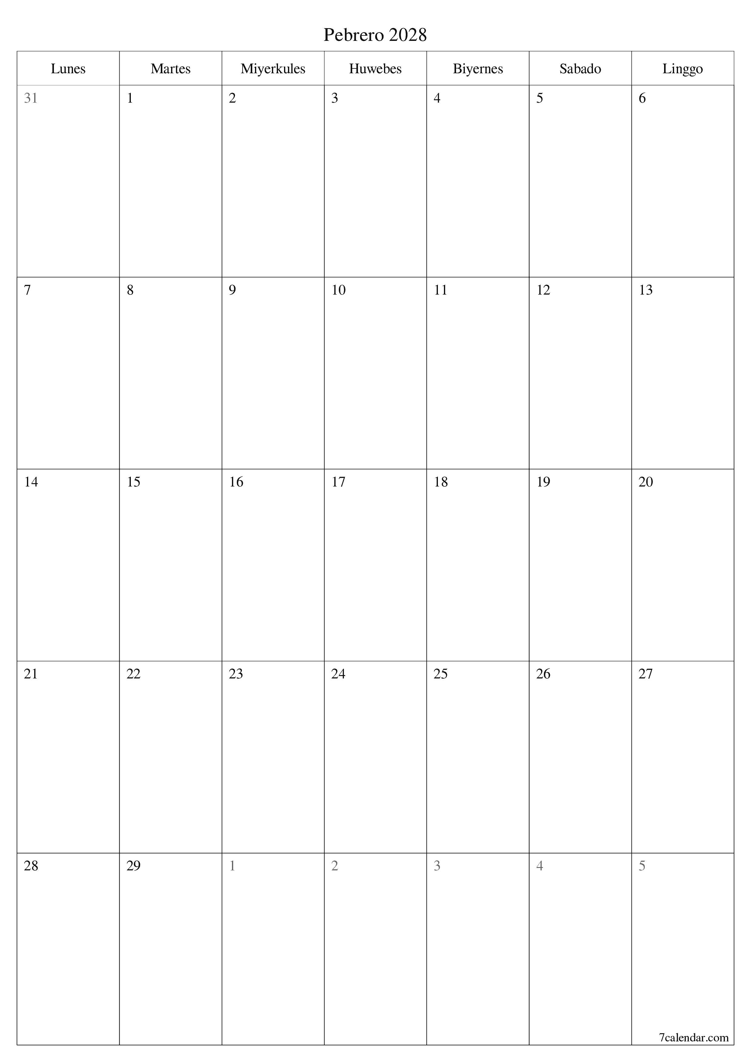 Walang laman na buwanang tagaplano para sa buwan na Pebrero 2028 na may mga tala, i-save at i-print sa PDF PNG Filipino