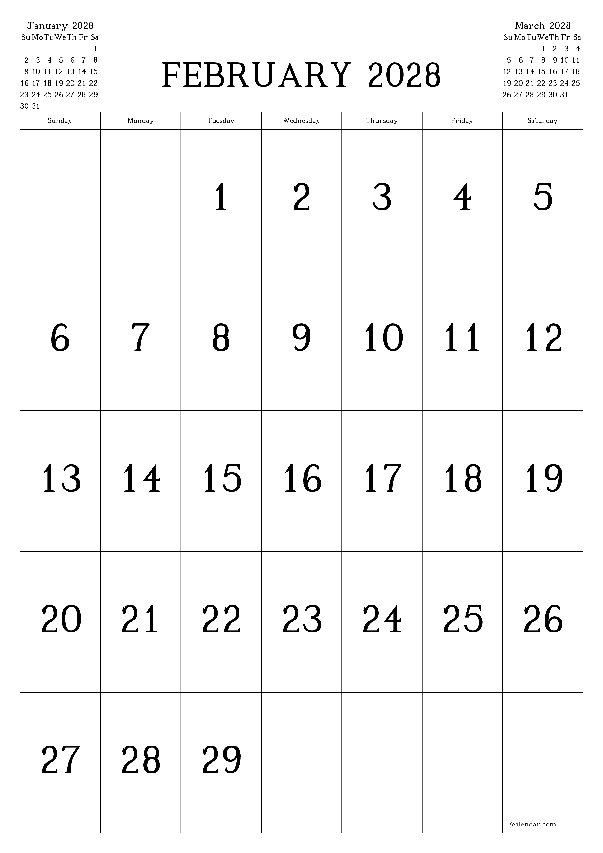 Blank calendar February 2028