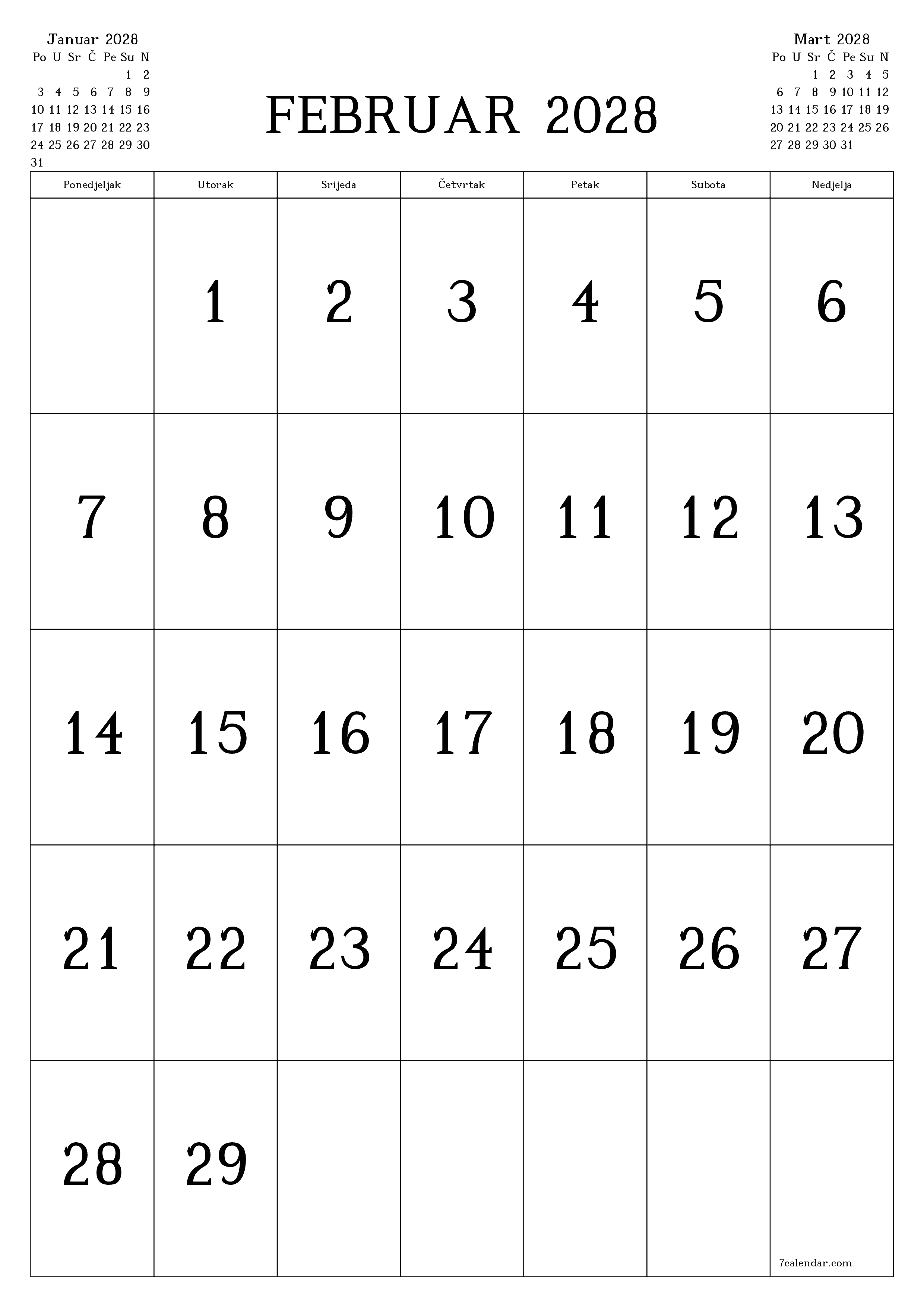  za štampanje zidni šablon a besplatni vertikalno Mjesečno kalendar Februar (Feb) 2028