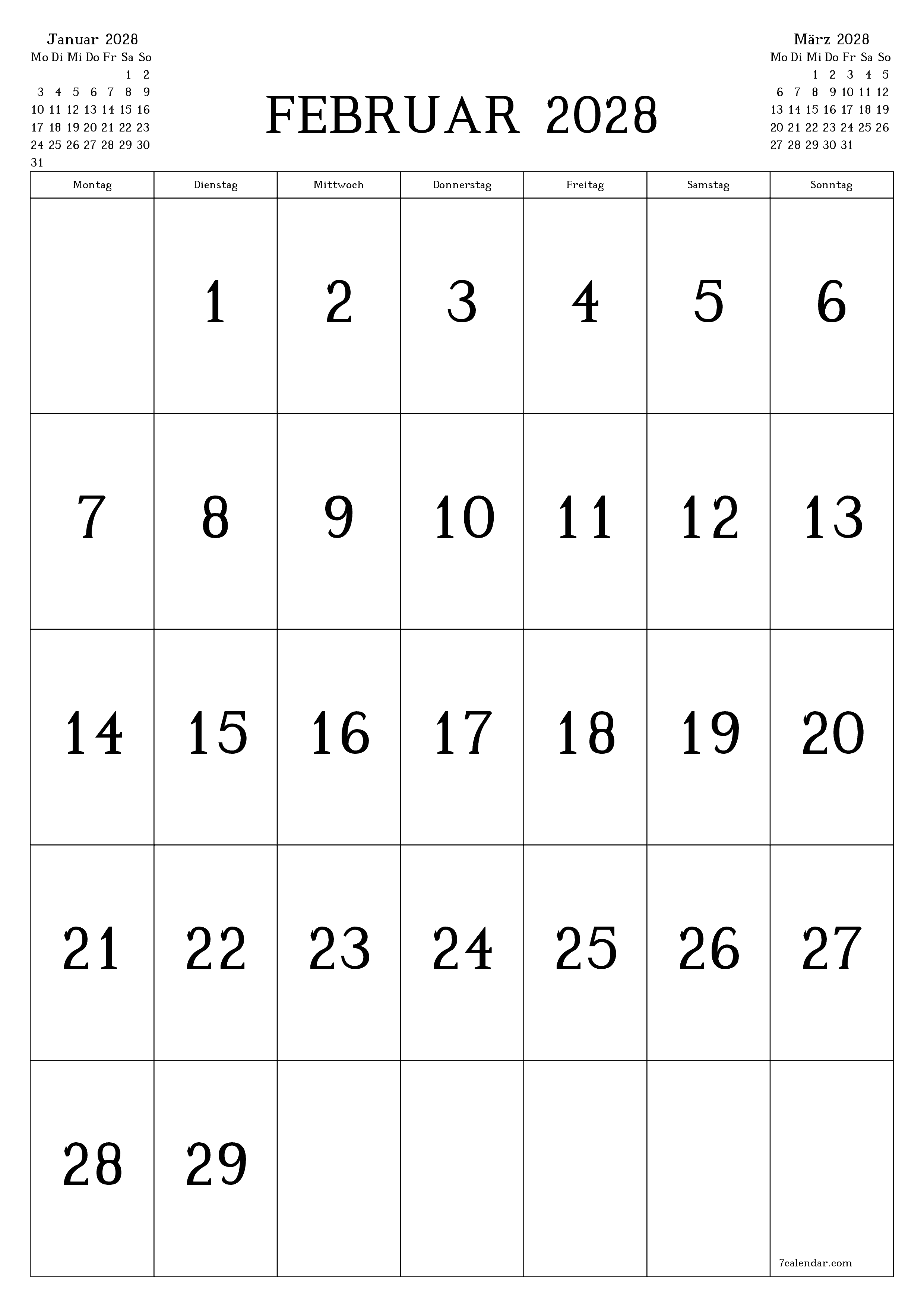 Monatsplaner für Monat Februar 2028 mit Notizen leeren, speichern und als PDF PNG German - 7calendar.com drucken