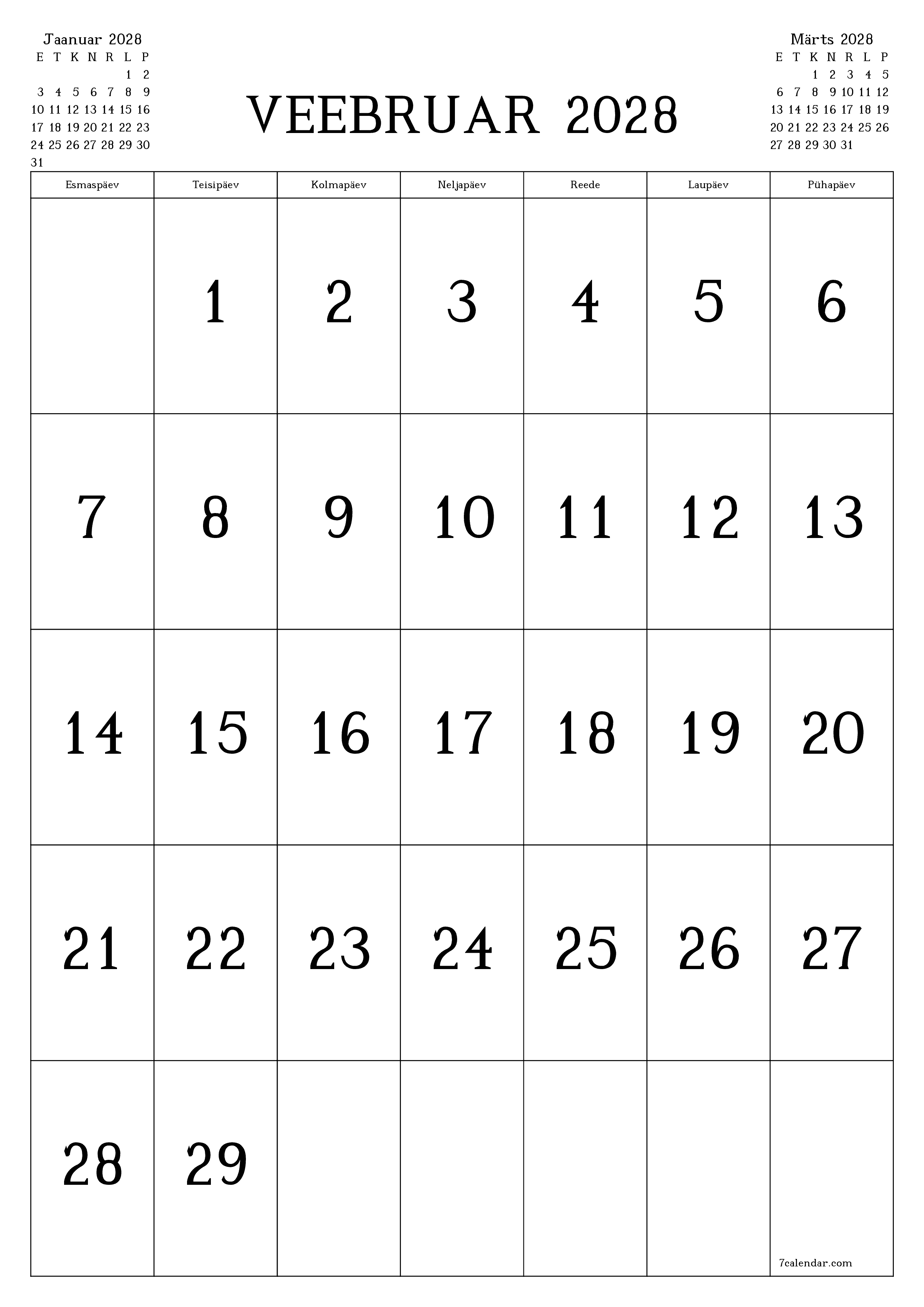prinditav seina kalendri mall tasuta vertikaalne Igakuine kalender Veebruar (Veebr) 2028