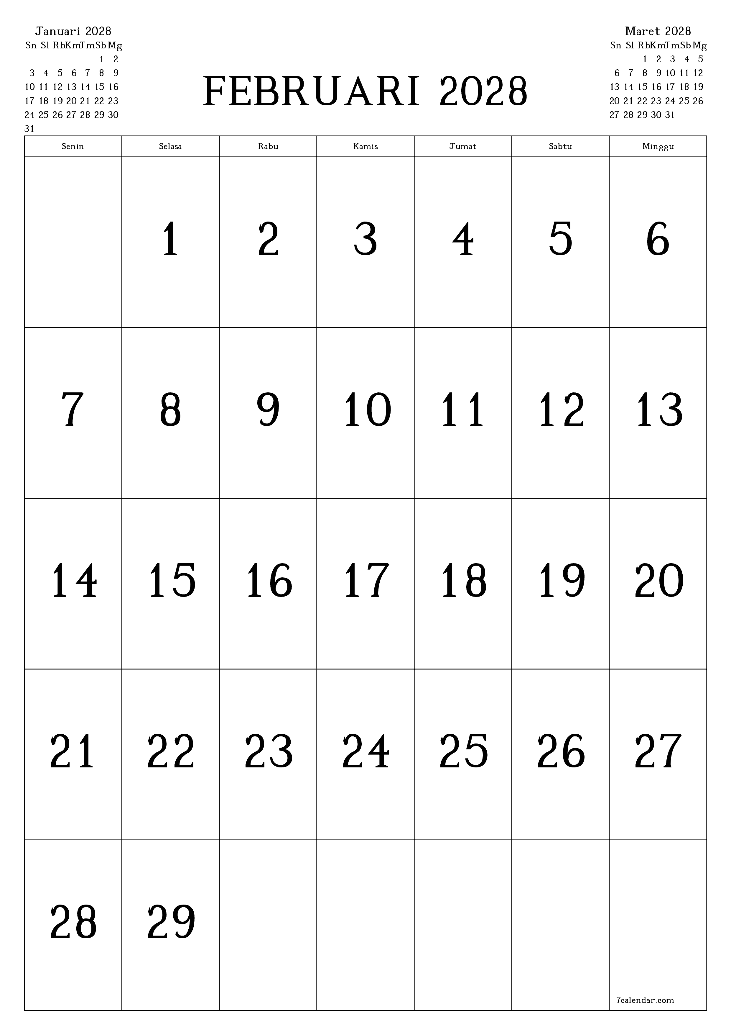 Kosongkan agenda bulanan untuk bulan Februari 2028 dengan catatan, simpan dan cetak ke PDF PNG Indonesian