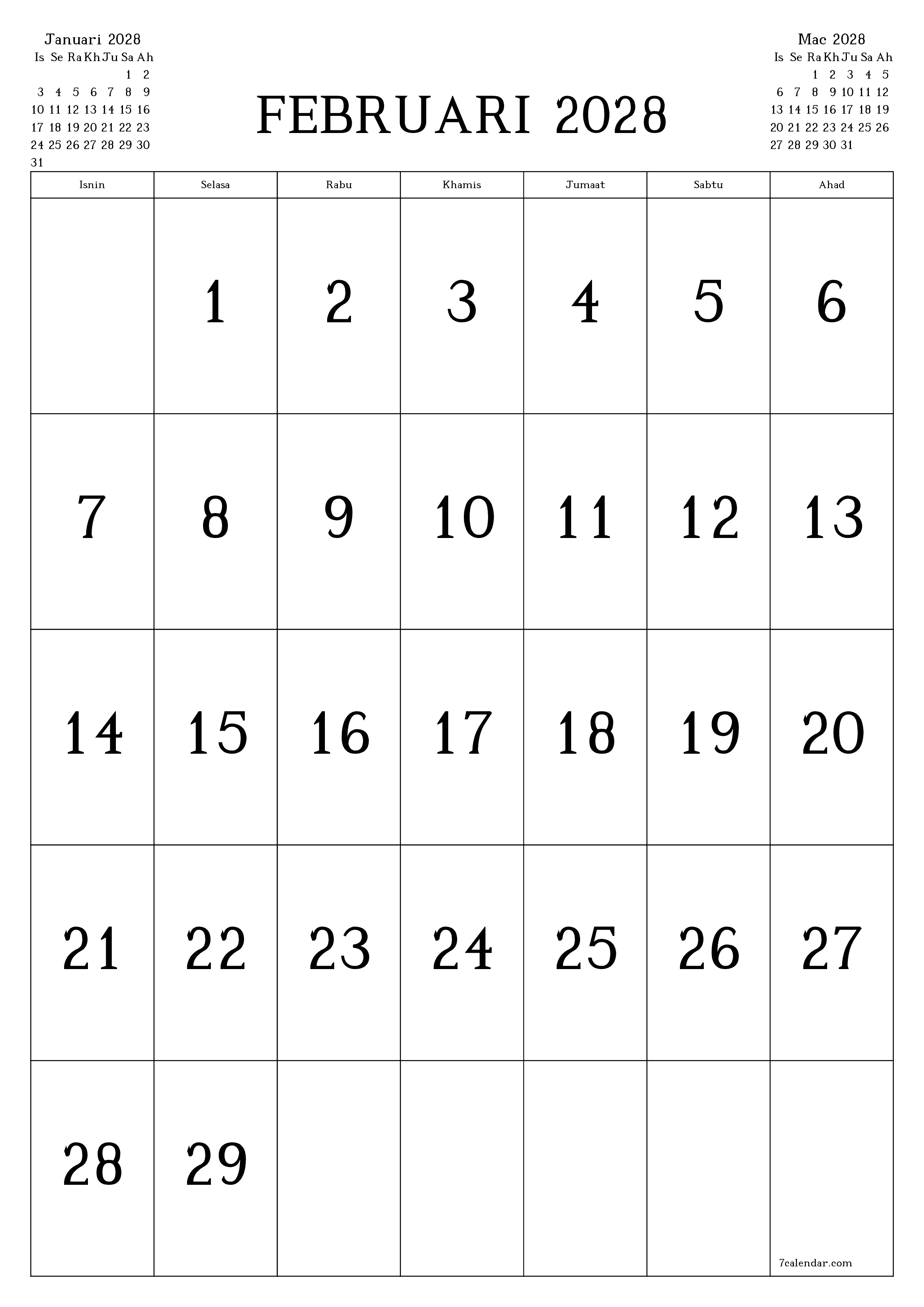 Perancang bulanan kosong untuk bulan Februari 2028 dengan nota, simpan dan cetak ke PDF PNG Malay