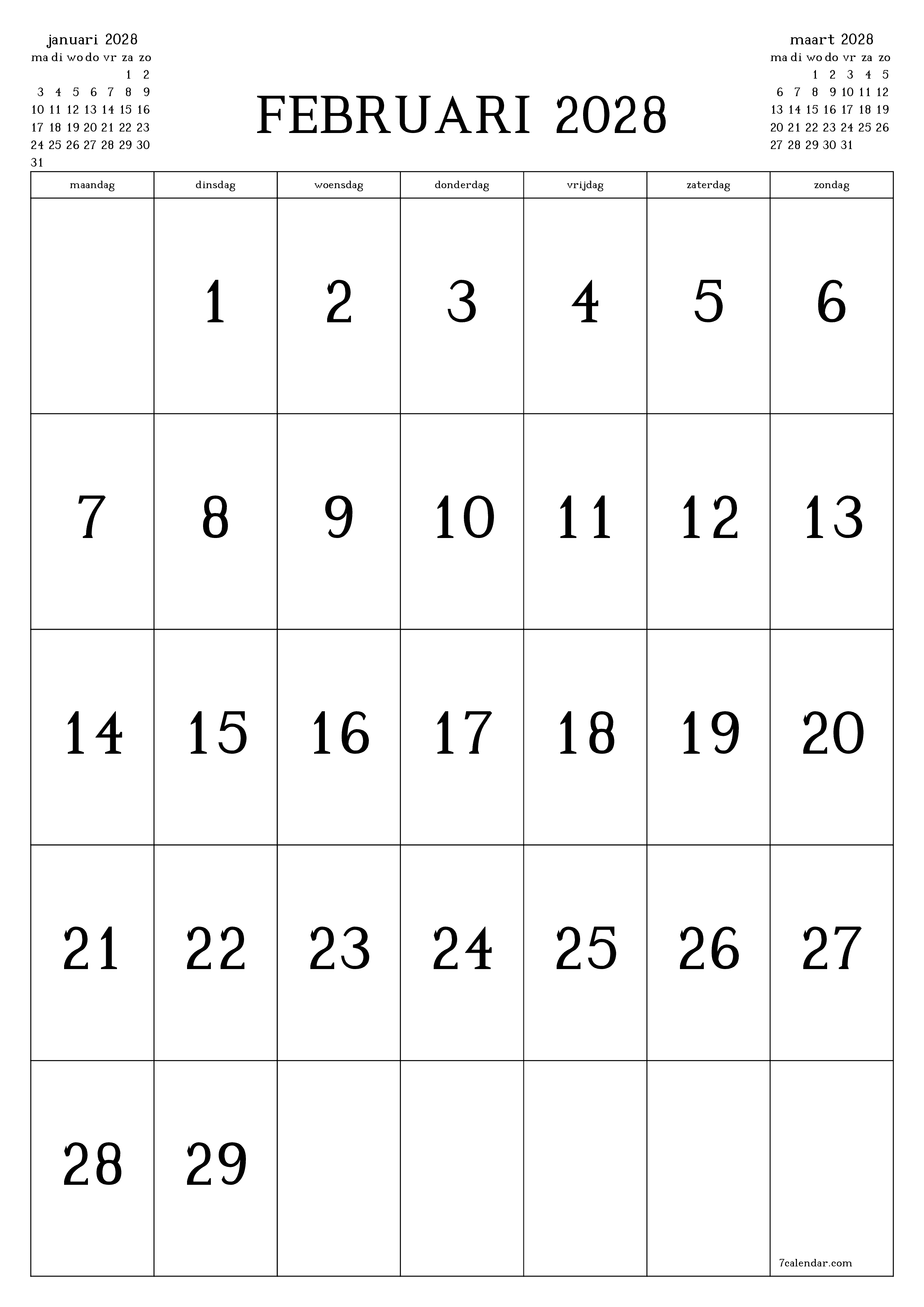 Lege maandplanner voor maand februari 2028 met notities, opslaan en afdrukken naar pdf PNG Dutch