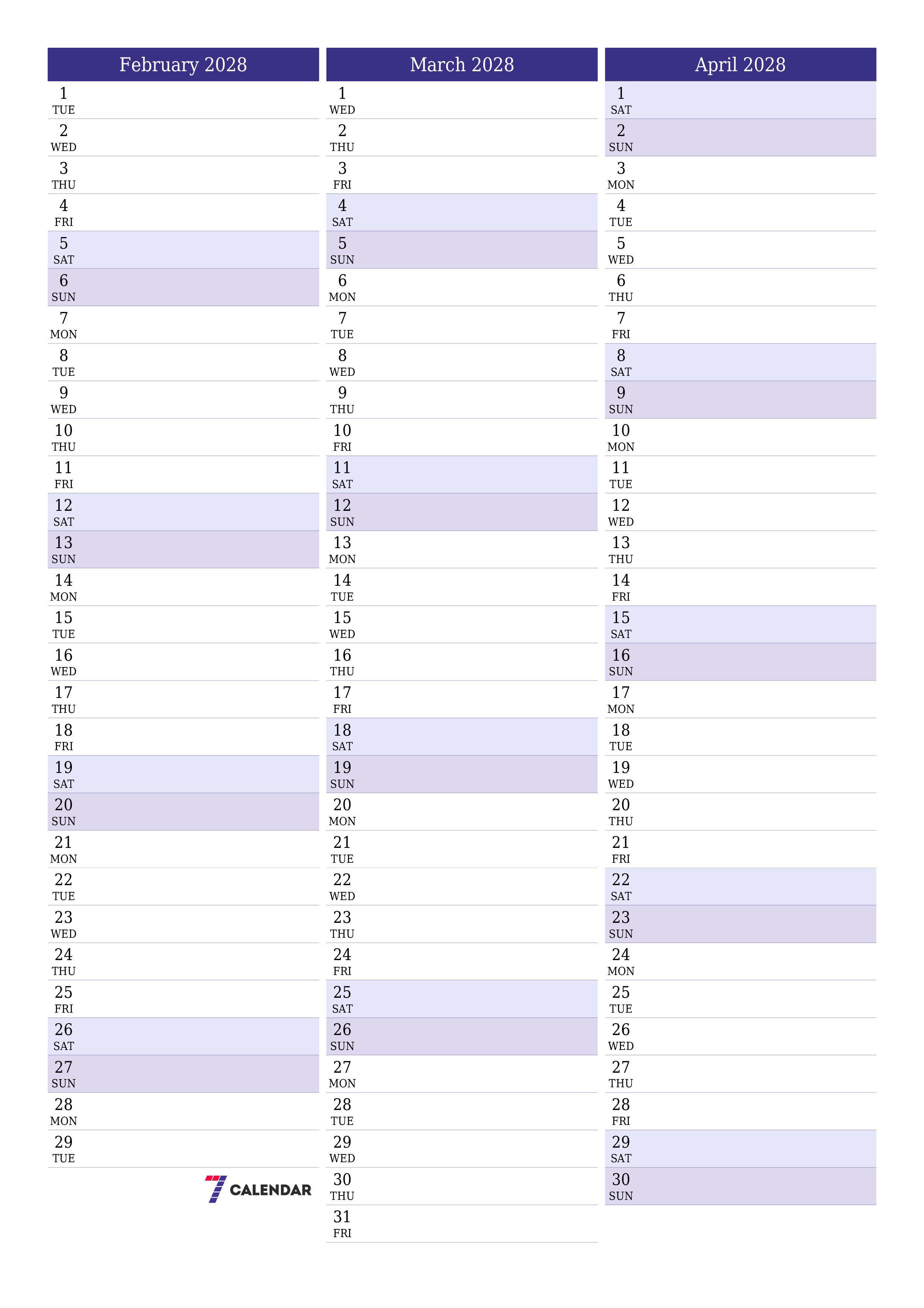 Blank calendar February 2028