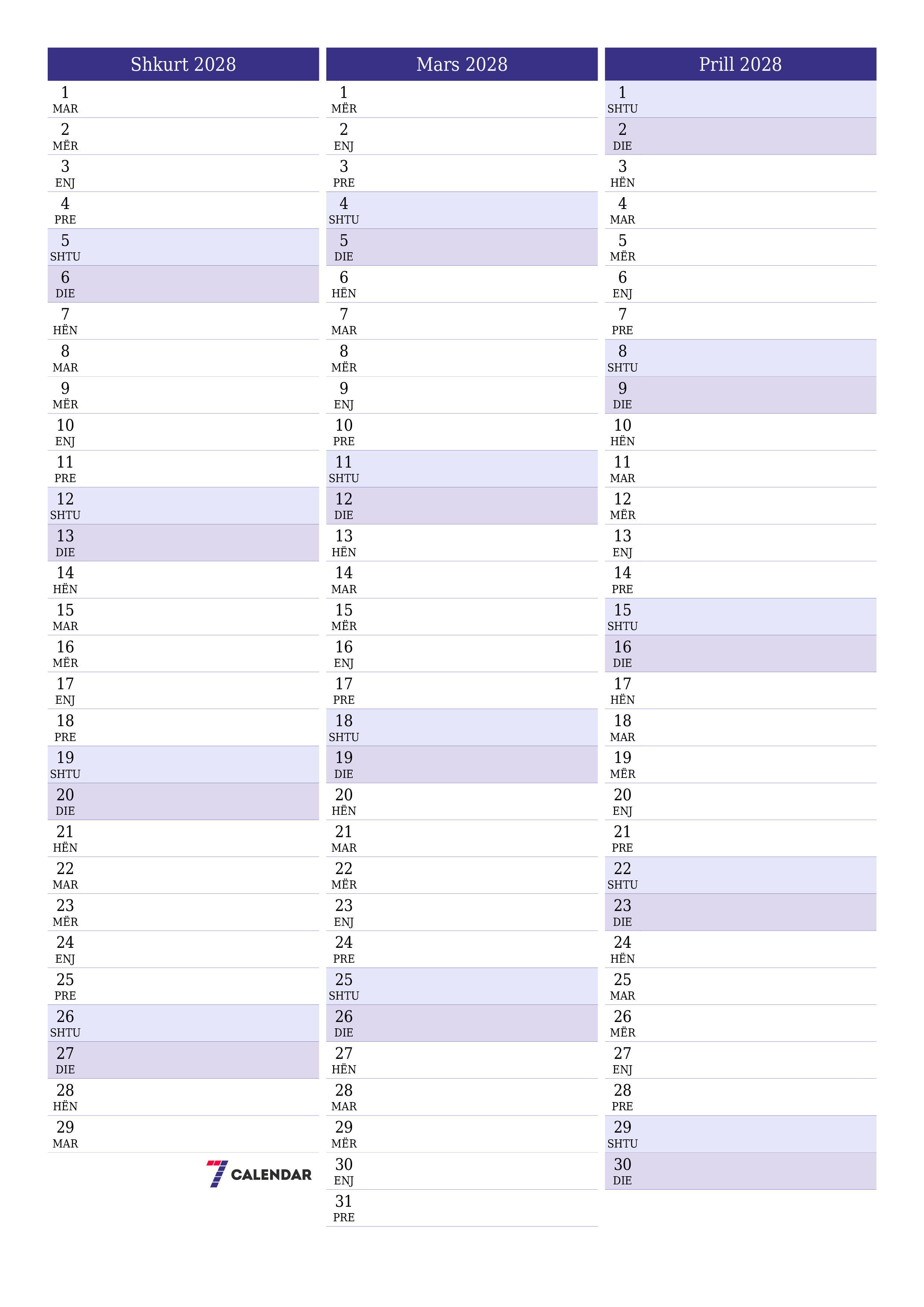 Planifikuesi i zbrazët i kalendarit mujor për muajin Shkurt 2028 me shënime të ruajtura dhe të printuara në PDF PNG Albanian