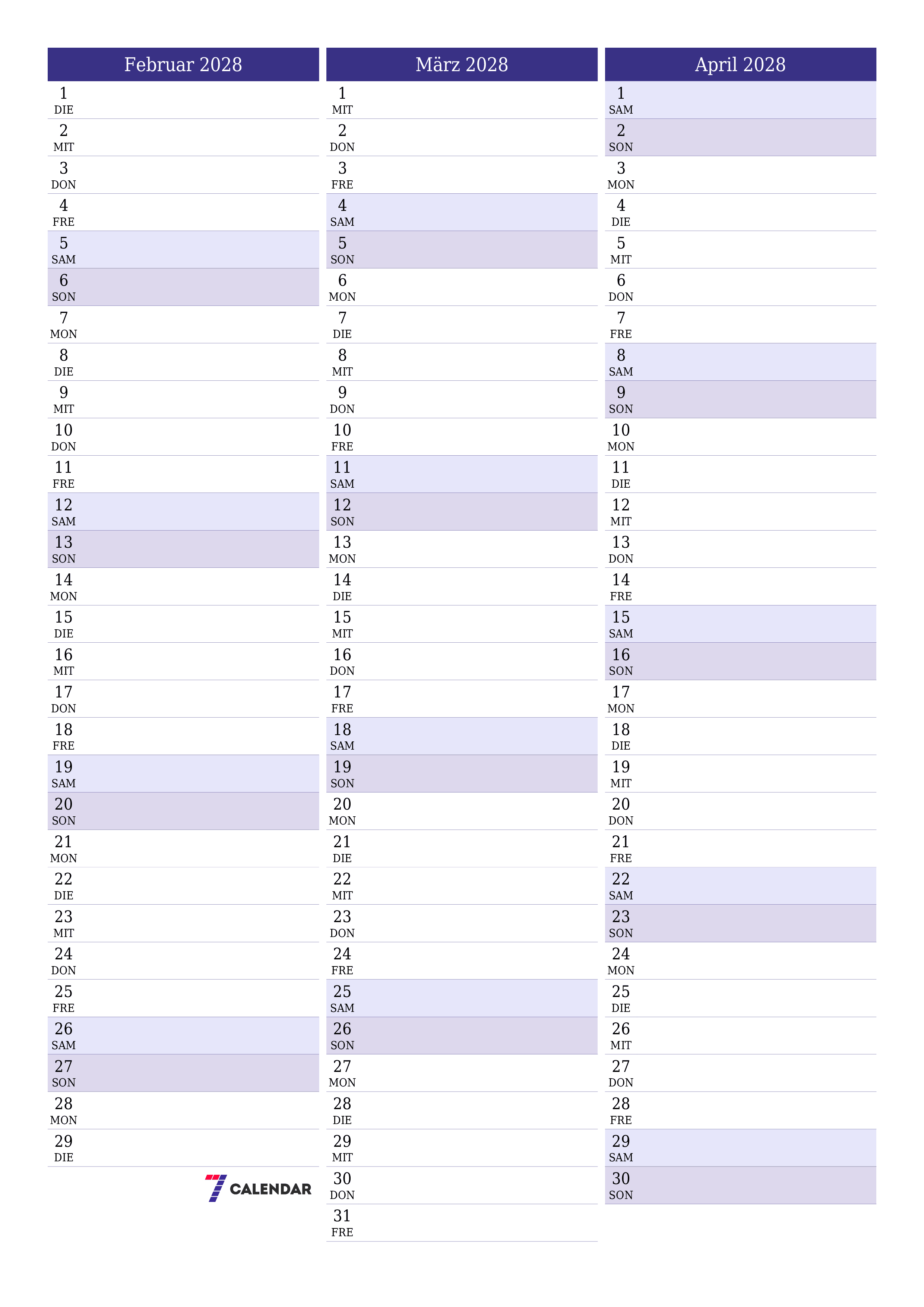 Monatsplaner für Monat Februar 2028 mit Notizen leeren, speichern und als PDF PNG German - 7calendar.com drucken