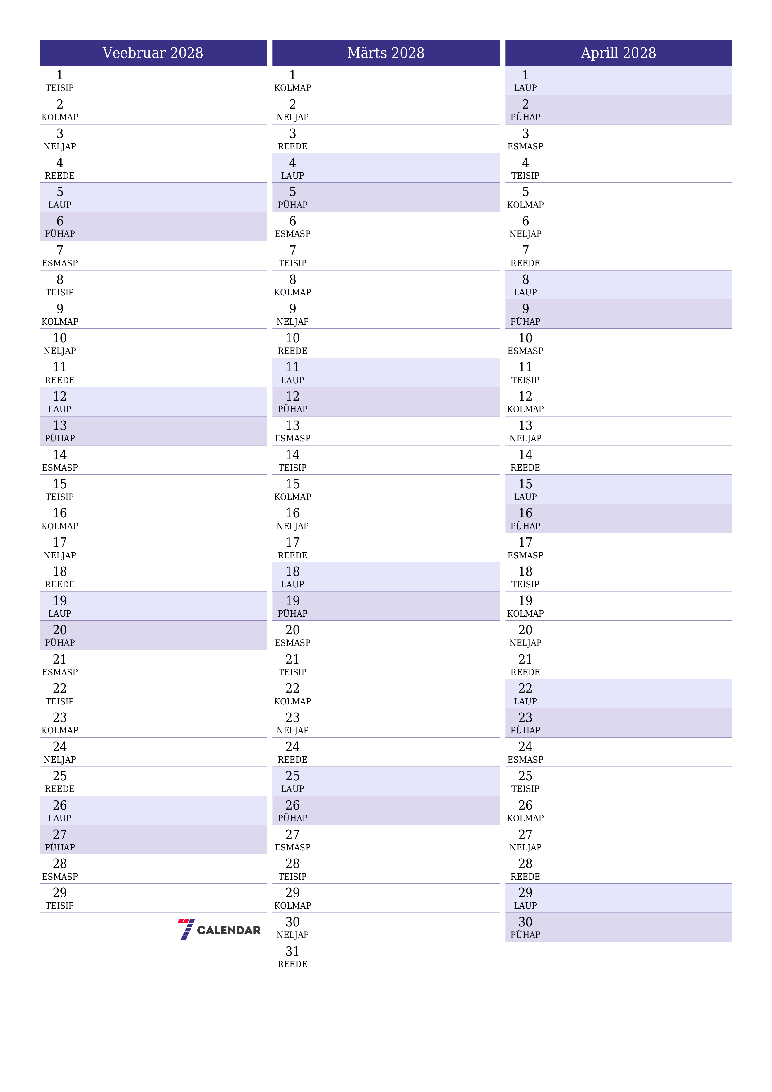prinditav seina kalendri mall tasuta vertikaalne Igakuine planeerija kalender Veebruar (Veebr) 2028