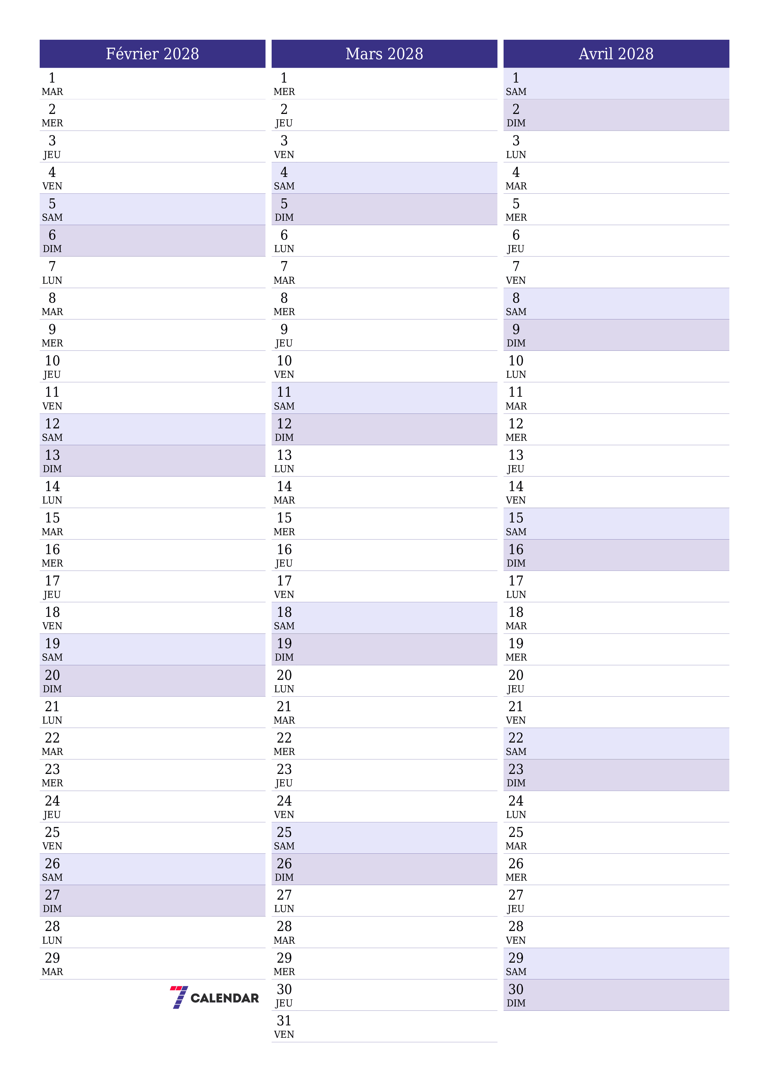 Agenda mensuel vide pour le mois Février 2028 avec notes, enregistrez et imprimez au format PDF PNG French