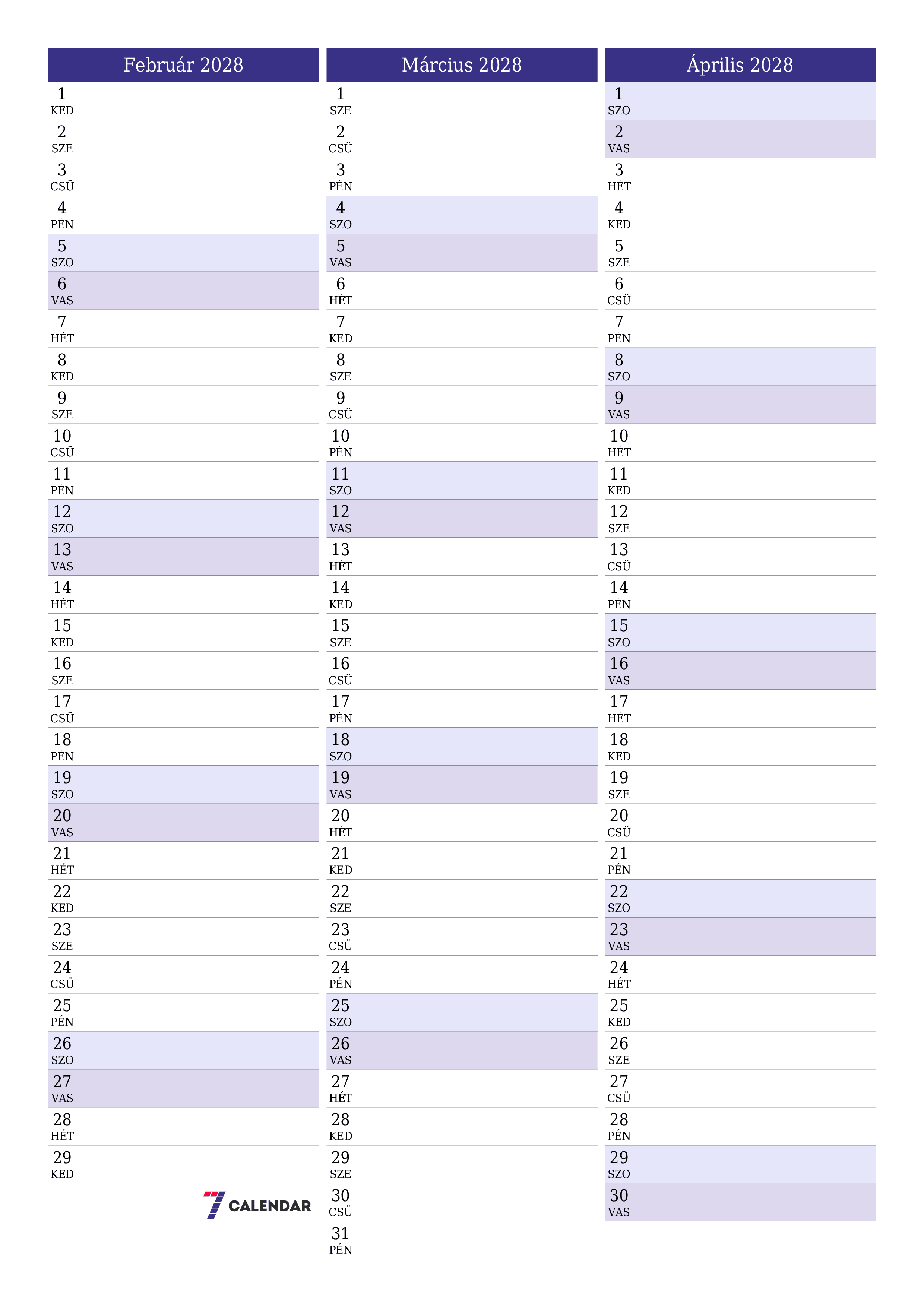 Üres havi tervező a Február 2028 hónapra jegyzetekkel, mentés és nyomtatás PDF-be PNG Hungarian