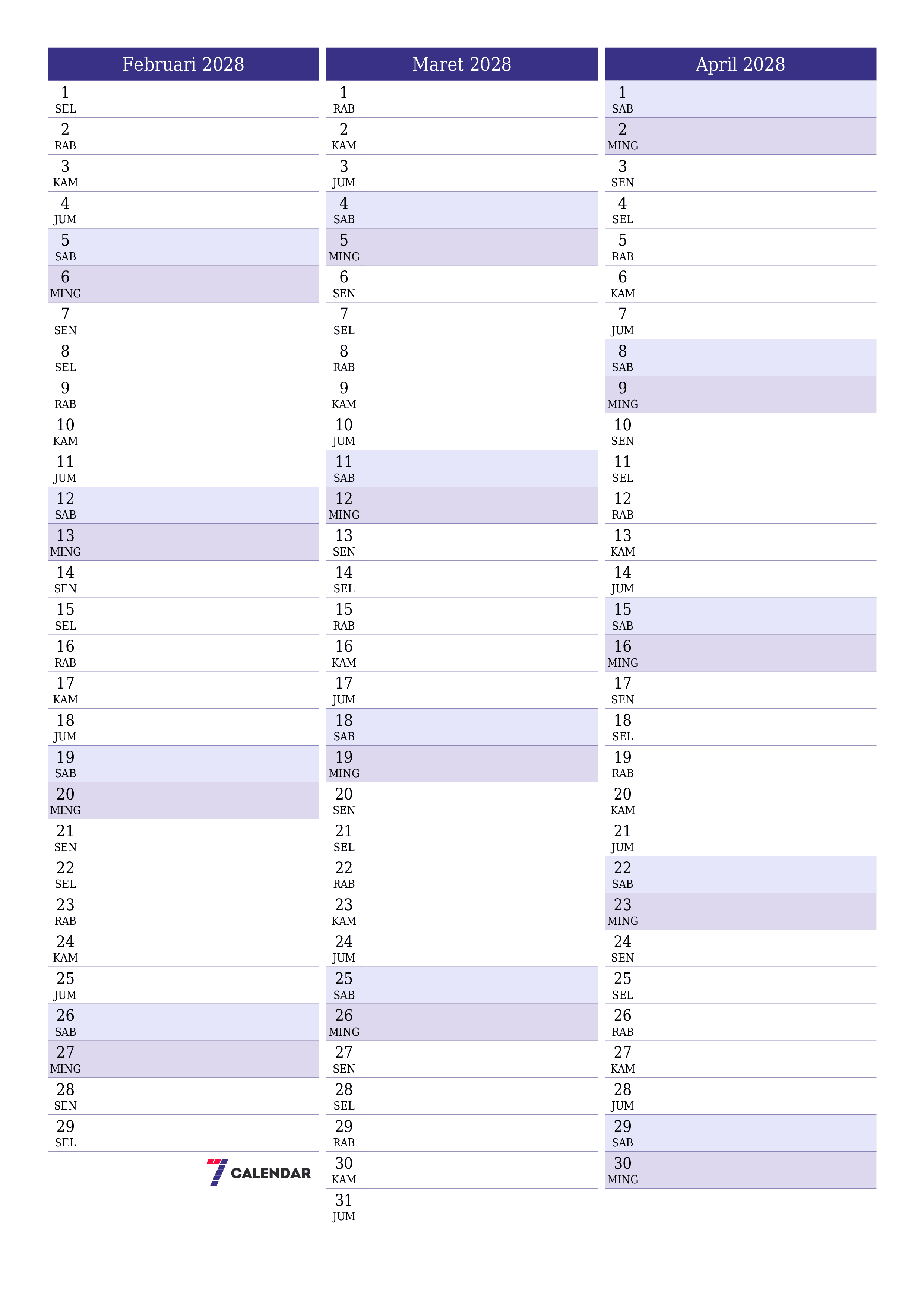 Kosongkan agenda bulanan untuk bulan Februari 2028 dengan catatan, simpan dan cetak ke PDF PNG Indonesian