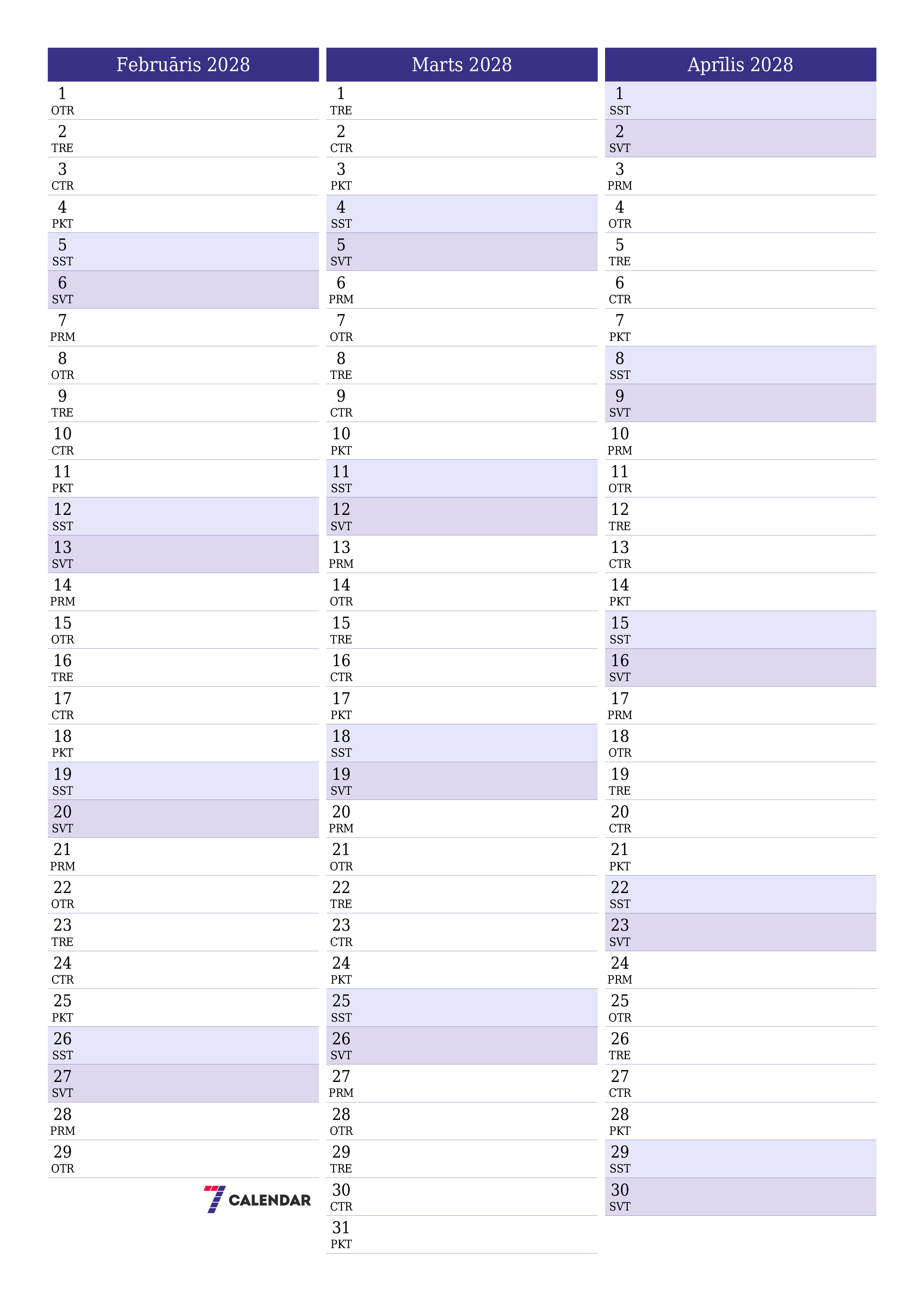 izdrukājams sienas kalendāra veidne bezmaksas vertikāli Mēneša plānotājs kalendārs Februāris (Feb) 2028
