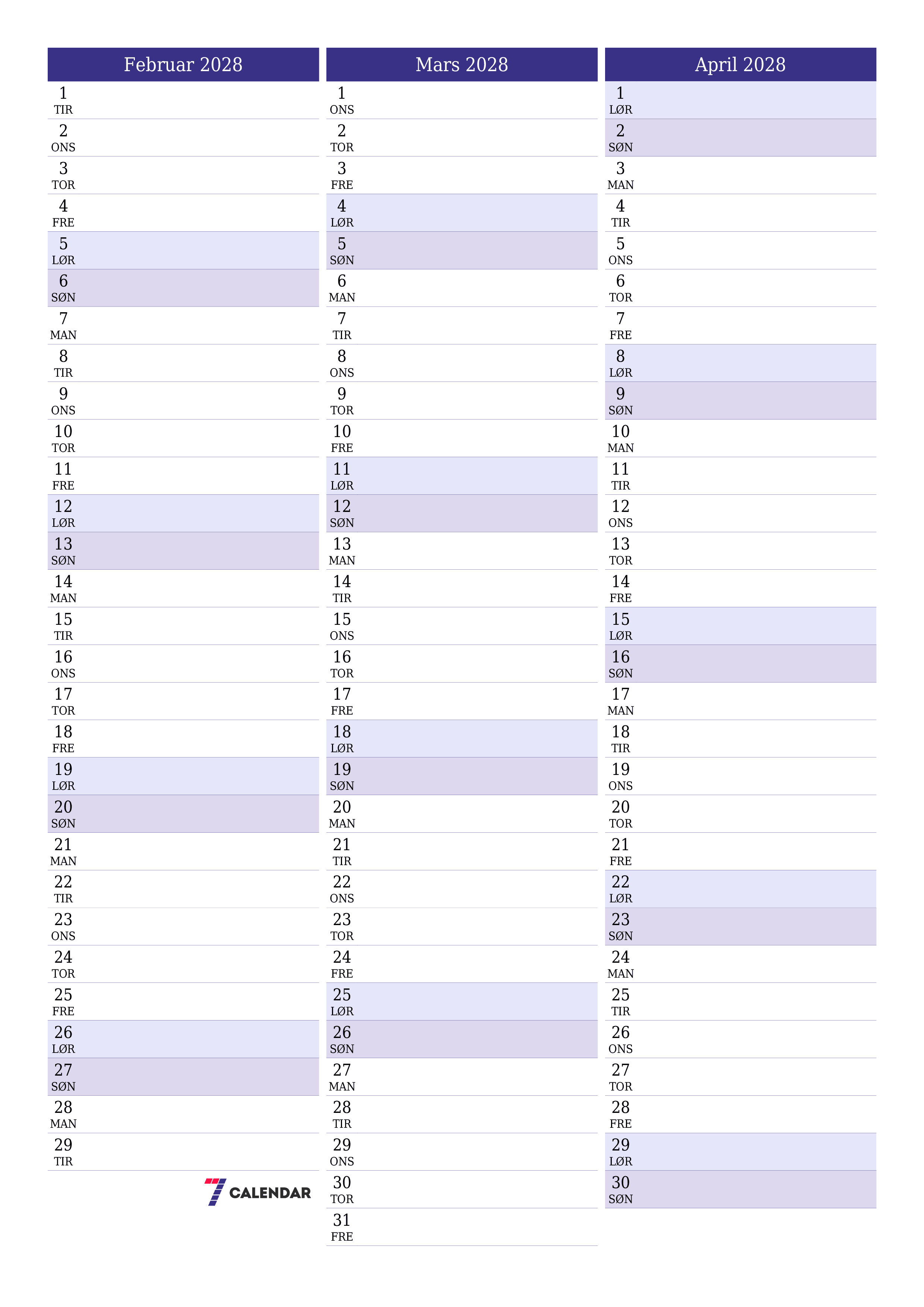 Tom månedlig planlegger for måned Februar 2028 med notater, lagre og skriv ut til PDF PNG Norwegian