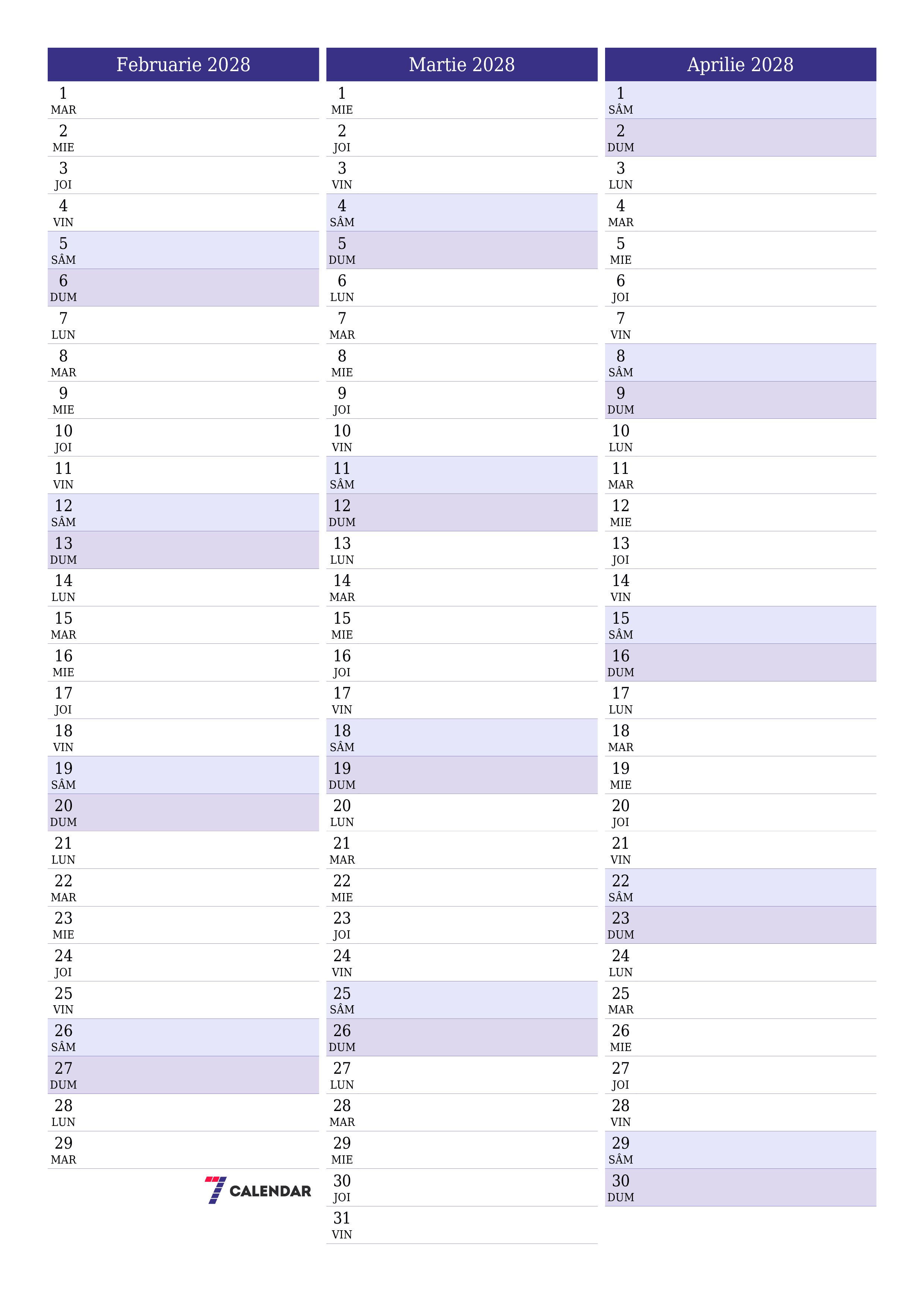 Planificator lunar gol pentru luna Februarie 2028 cu note, salvați și tipăriți în PDF PNG Romanian