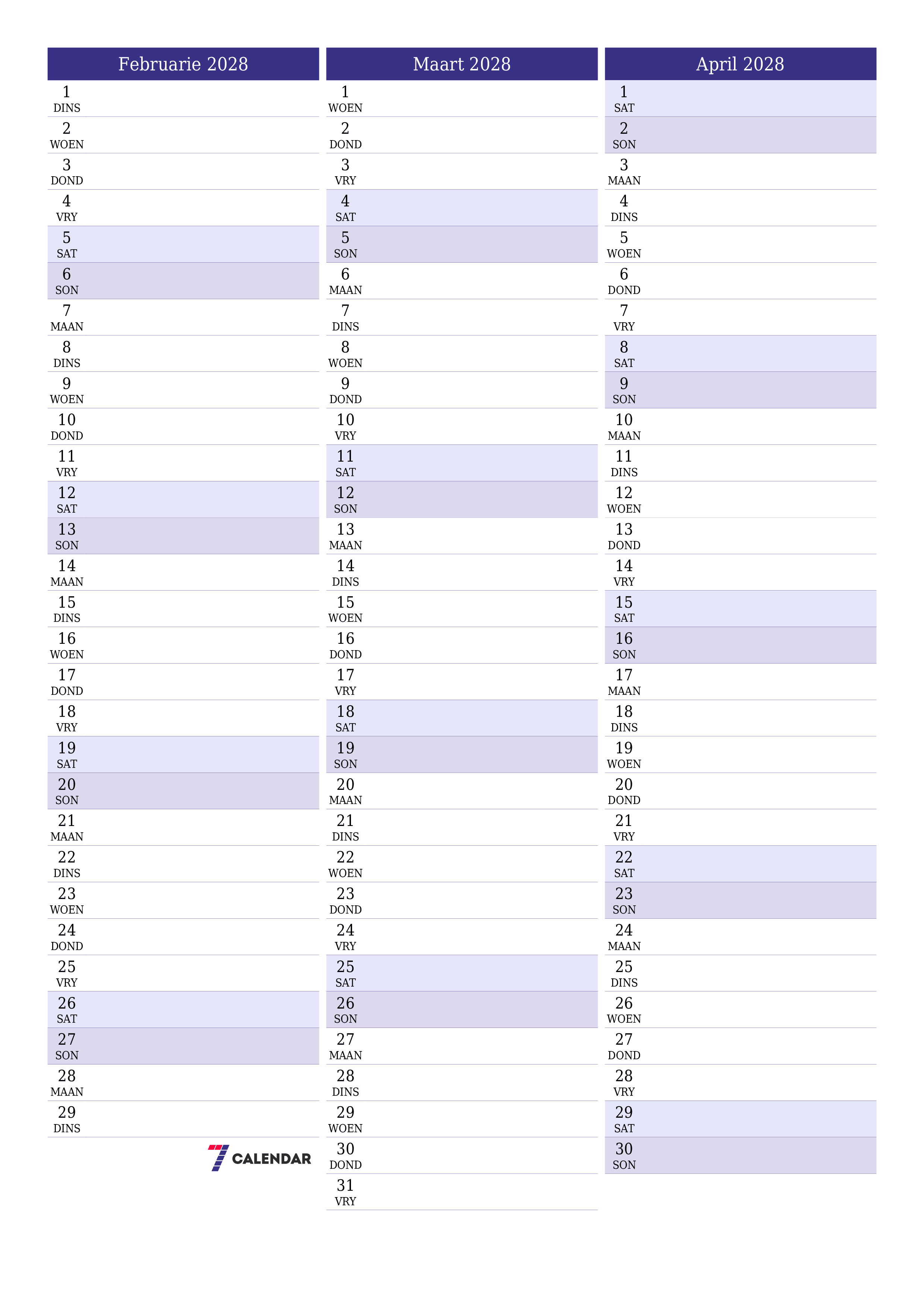 Leë maandelikse drukbare kalender en beplanner vir maand Februarie 2028 met notas stoor en druk na PDF PNG Afrikaans