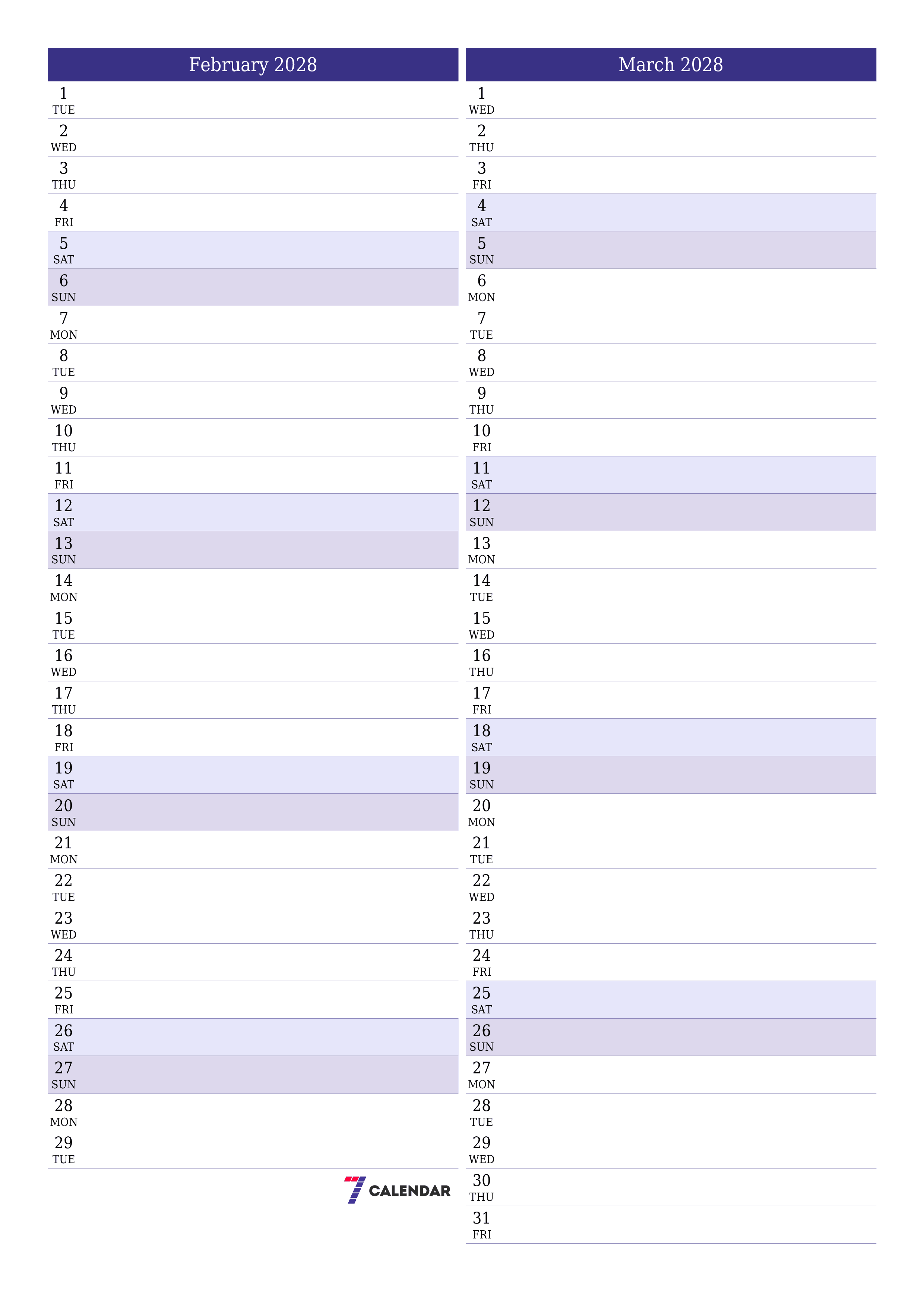 Blank calendar February 2028
