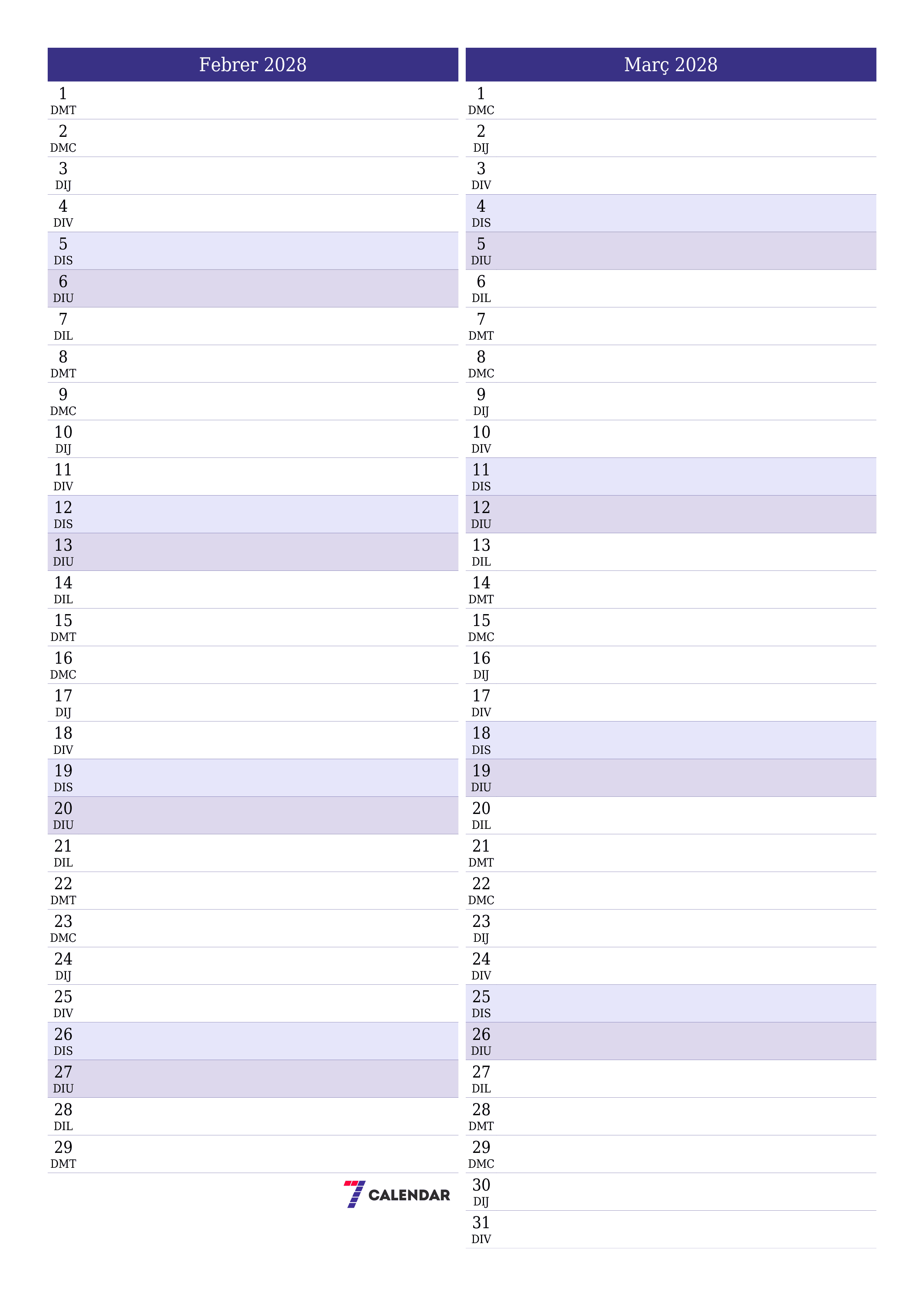 Planificador mensual buit del mes Febrer 2028 amb notes, deseu-lo i imprimiu-lo en format PDF PNG Catalan