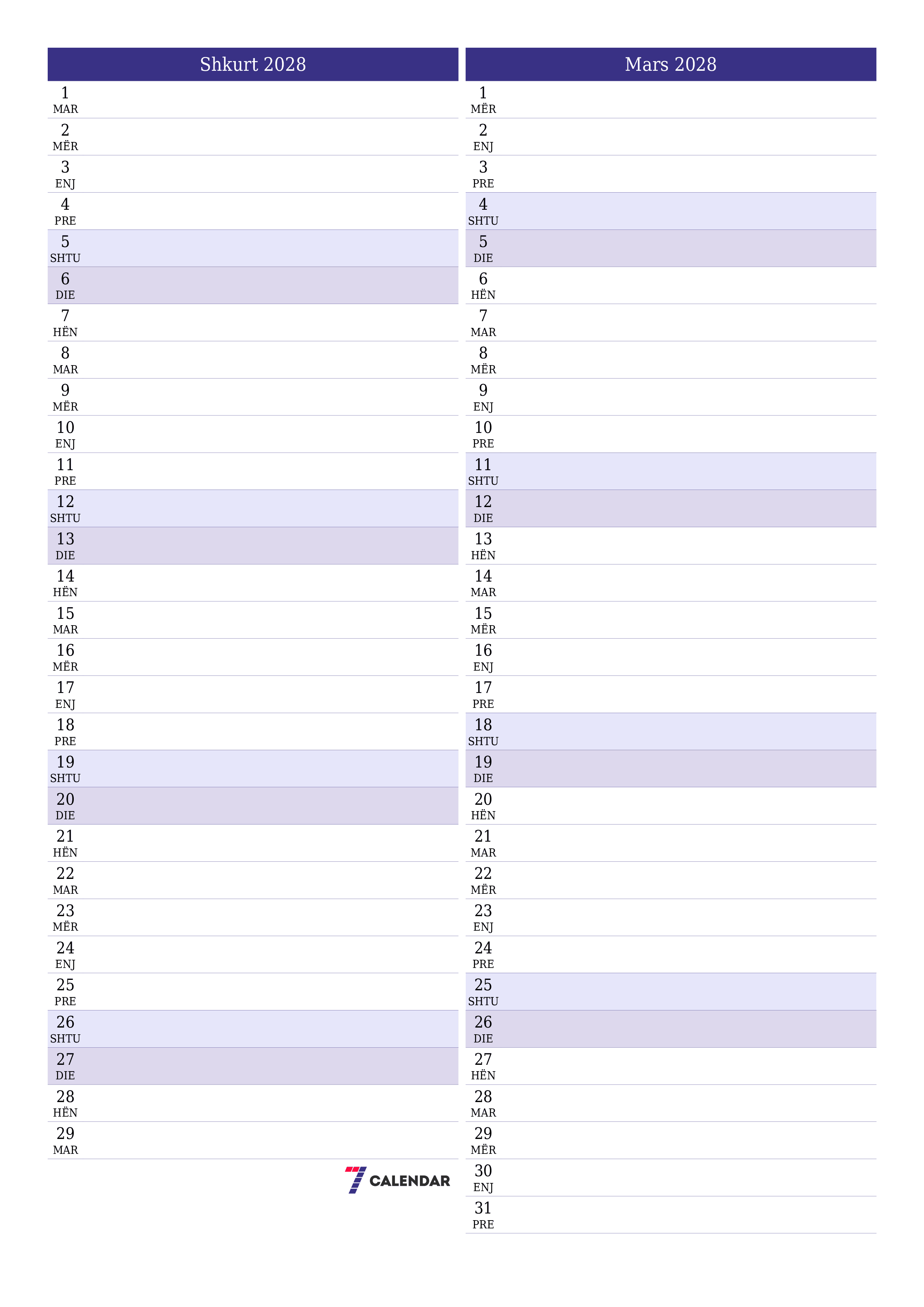 Planifikuesi i zbrazët i kalendarit mujor për muajin Shkurt 2028 me shënime të ruajtura dhe të printuara në PDF PNG Albanian