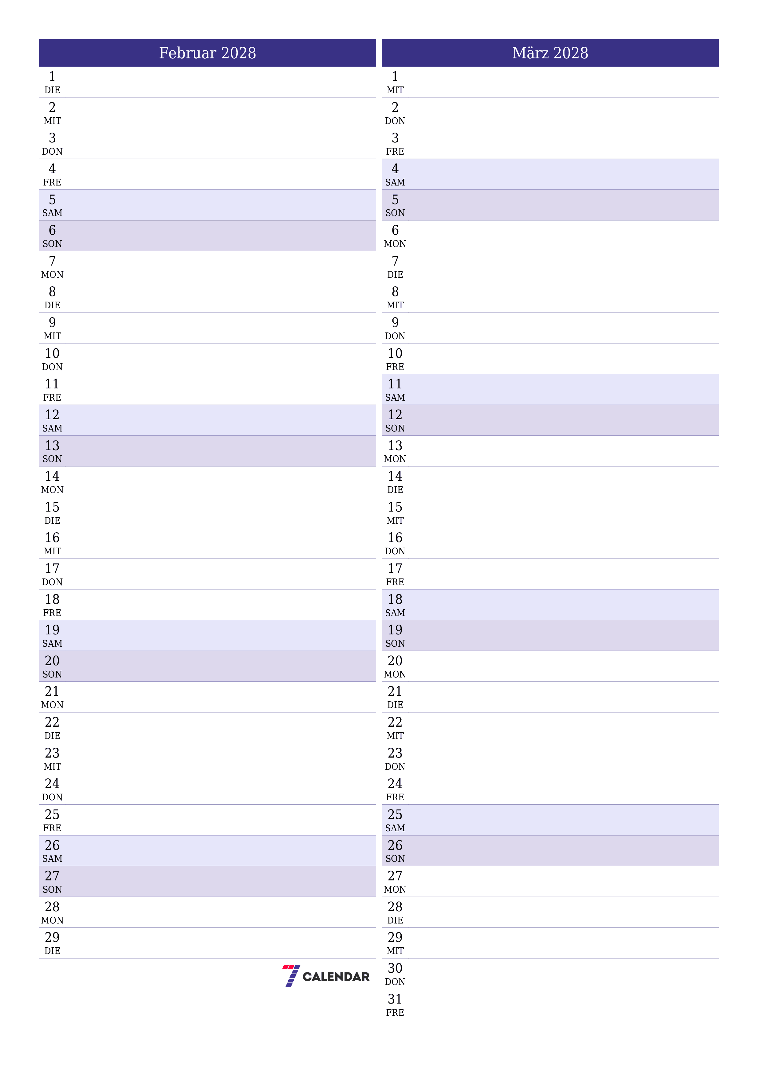 Monatsplaner für Monat Februar 2028 mit Notizen leeren, speichern und als PDF PNG German - 7calendar.com drucken
