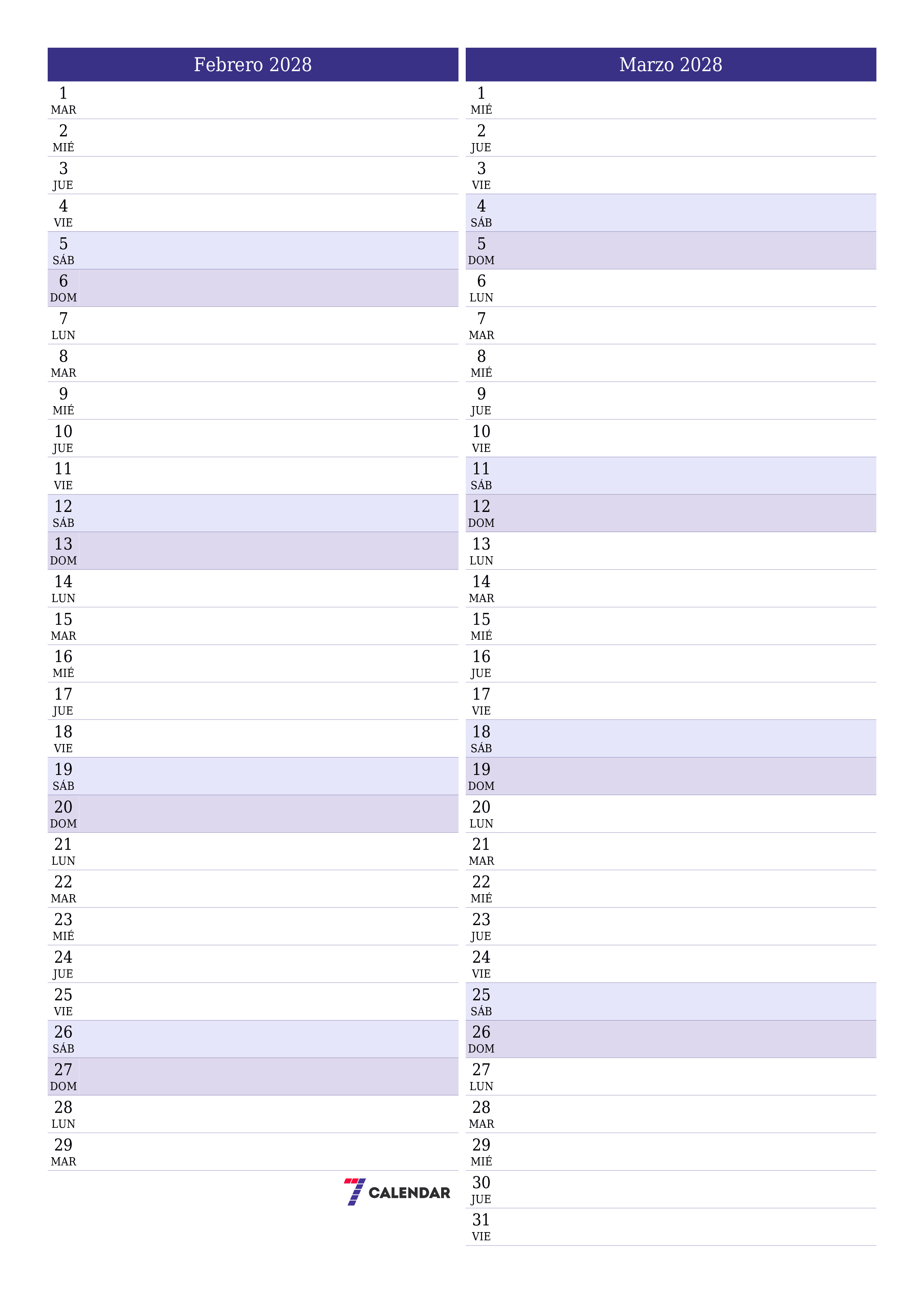 Planificador mensual vacío para el mes Febrero 2028 con notas, guardar e imprimir en PDF PNG Spanish
