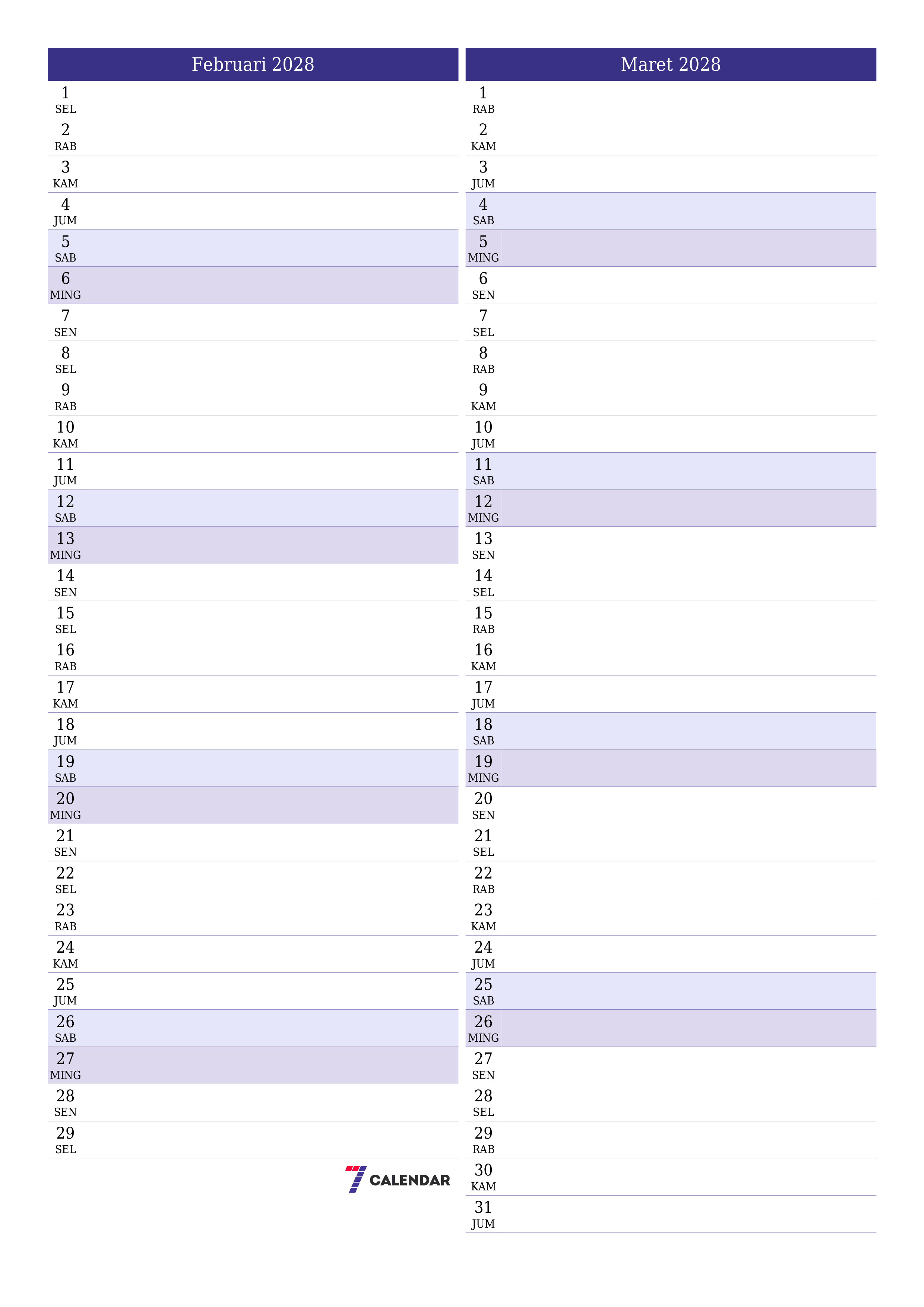 Kosongkan agenda bulanan untuk bulan Februari 2028 dengan catatan, simpan dan cetak ke PDF PNG Indonesian