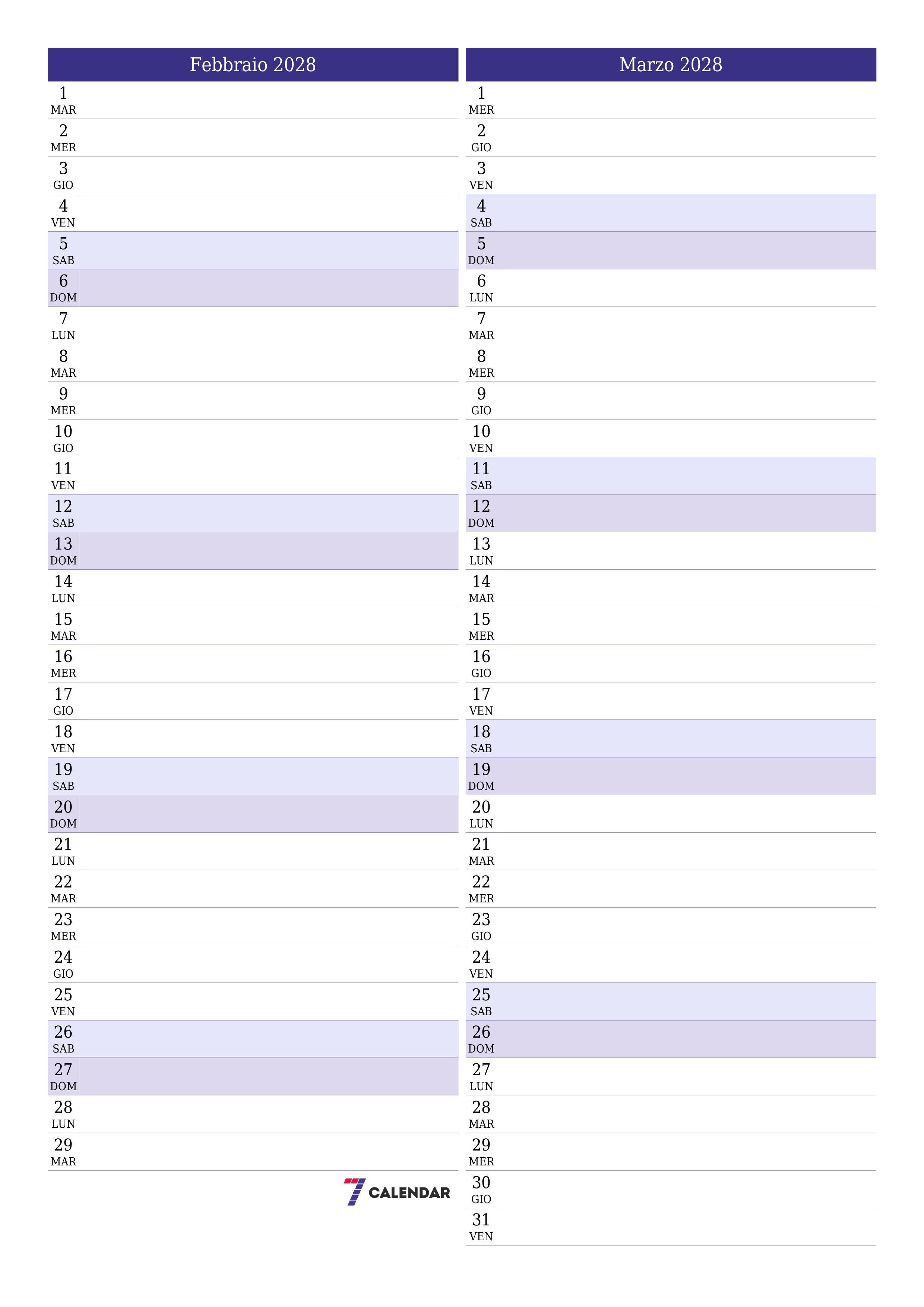 Pianificatore mensile vuoto per il mese Febbraio 2028 con note, salva e stampa in PDF PNG Italian