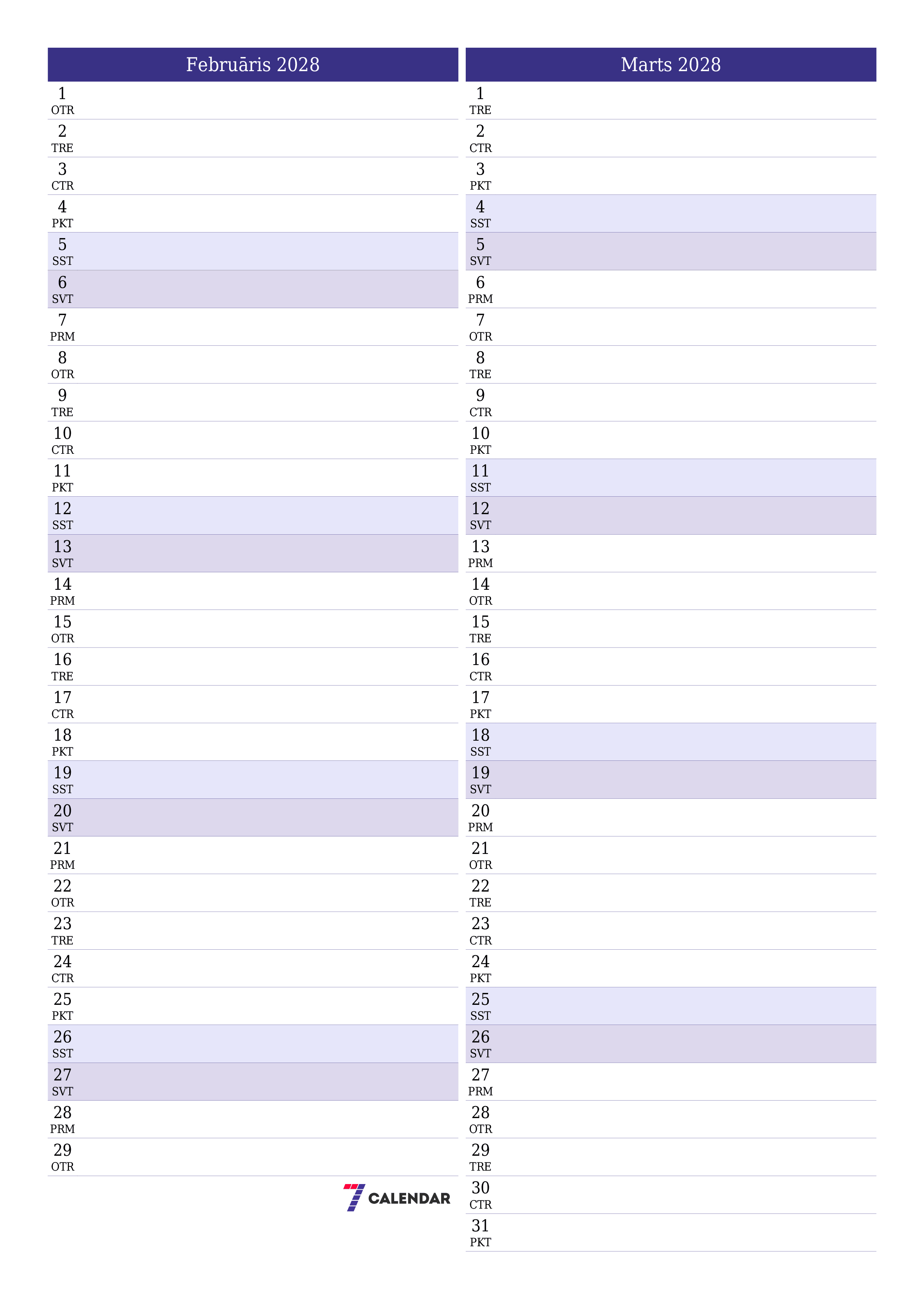 izdrukājams sienas kalendāra veidne bezmaksas vertikāli Mēneša plānotājs kalendārs Februāris (Feb) 2028