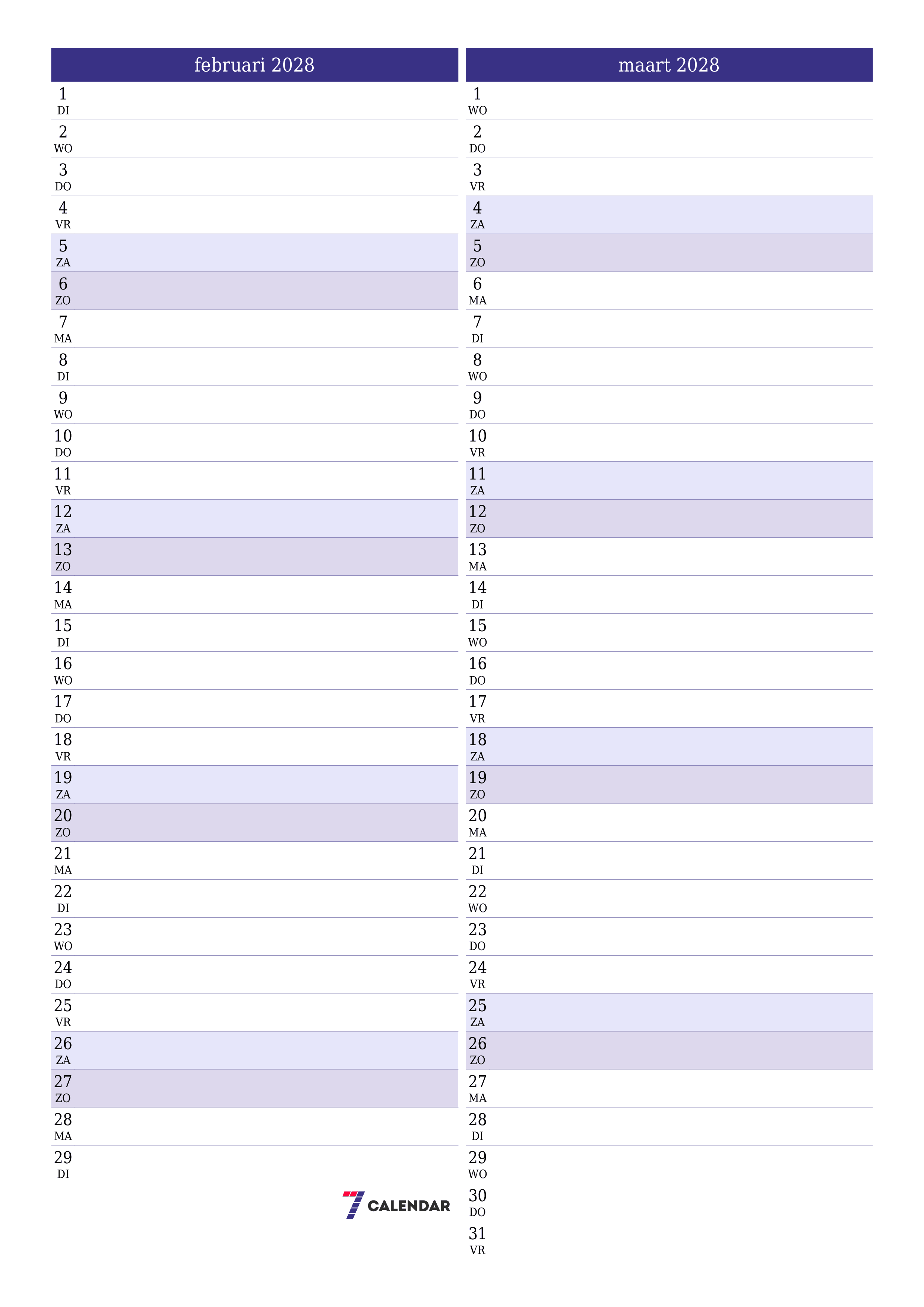Lege maandplanner voor maand februari 2028 met notities, opslaan en afdrukken naar pdf PNG Dutch
