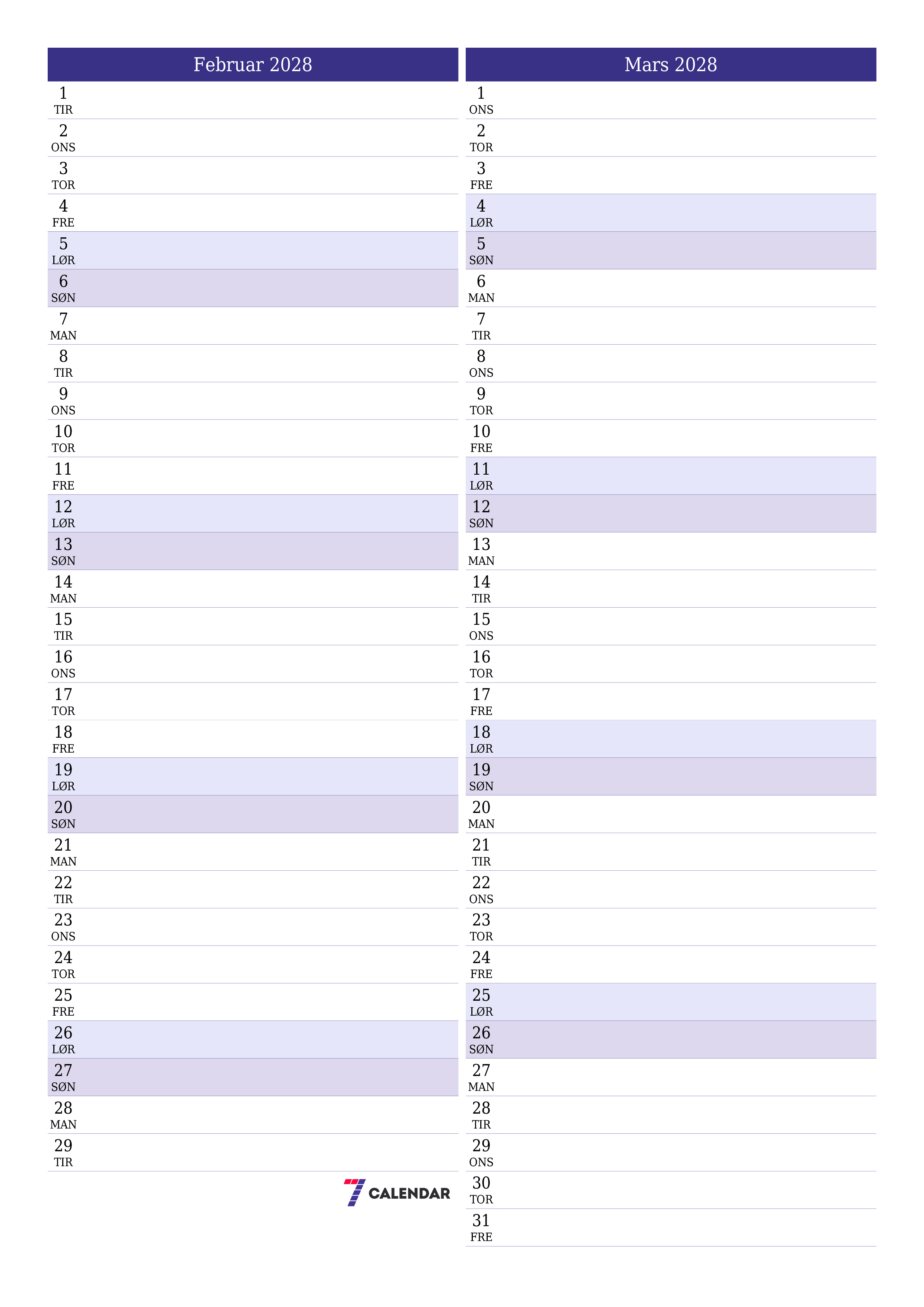 Tom månedlig planlegger for måned Februar 2028 med notater, lagre og skriv ut til PDF PNG Norwegian