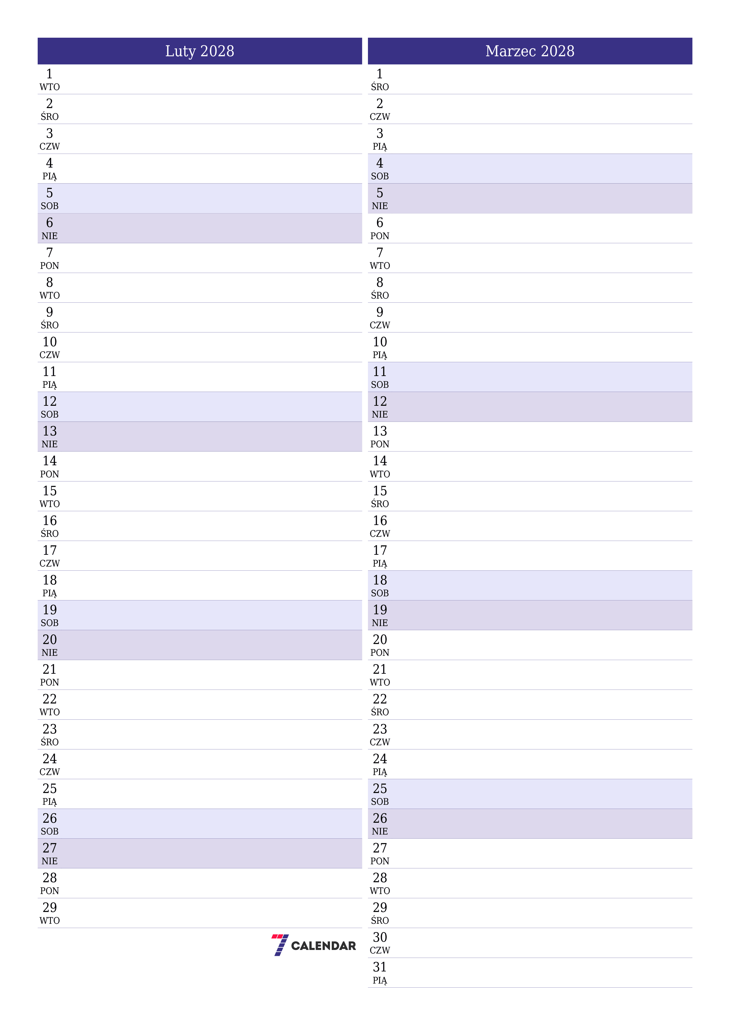 Opróżnij miesięczny planer na miesiąc Luty 2028 z notatkami, zapisz i wydrukuj w formacie PDF PNG Polish