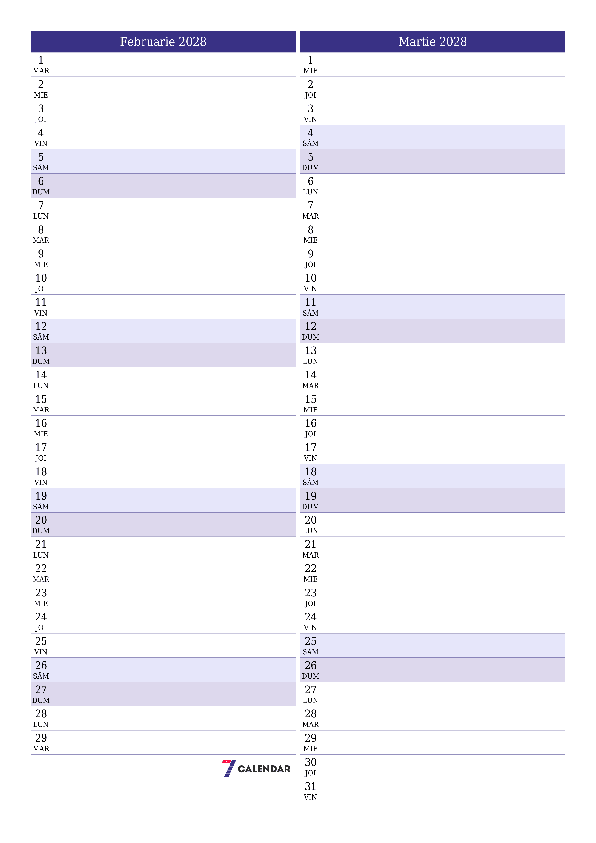 Planificator lunar gol pentru luna Februarie 2028 cu note, salvați și tipăriți în PDF PNG Romanian